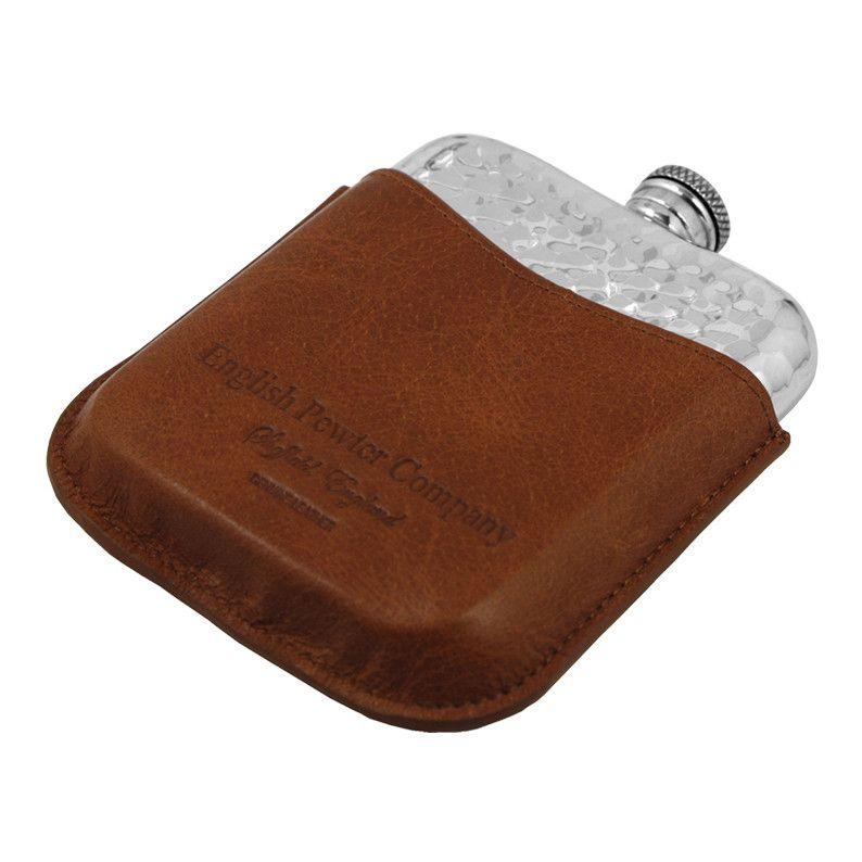 6oz Pewter Hammered Hip Flask With Leather Pouch-Hip Flasks - Leather-Yester Home