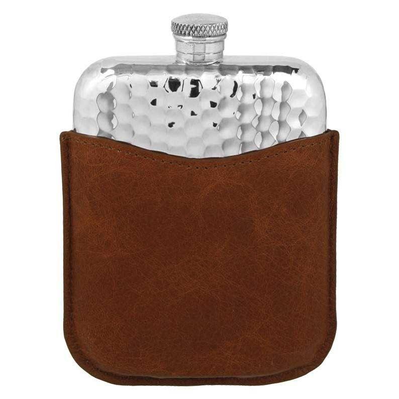 6oz Pewter Hammered Hip Flask With Leather Pouch-Hip Flasks - Leather-Yester Home