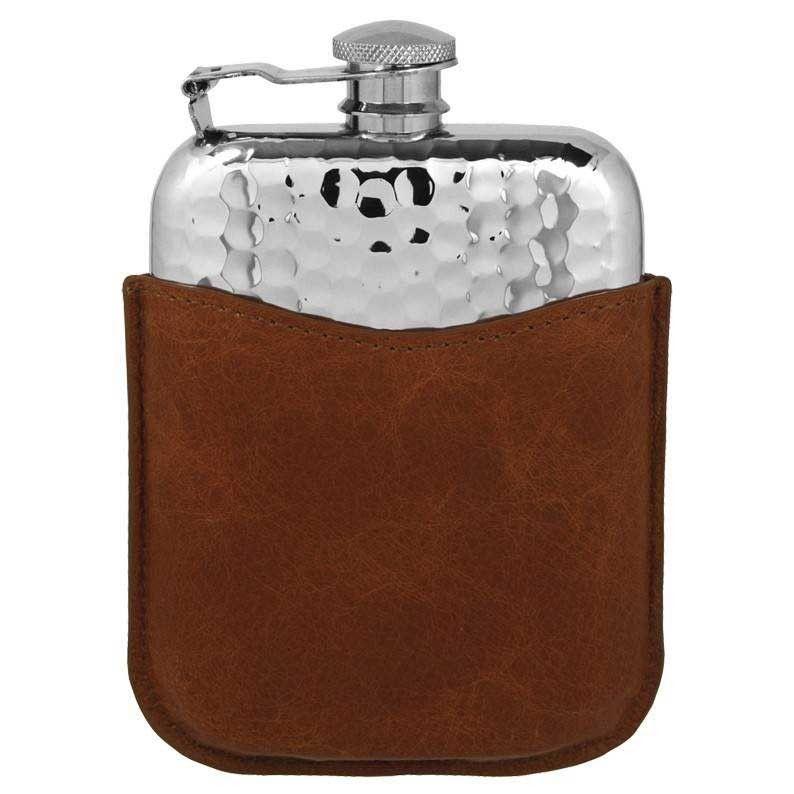 6oz Pewter Hammered Hip Flask With Leather Pouch-Hip Flasks - Leather-Yester Home