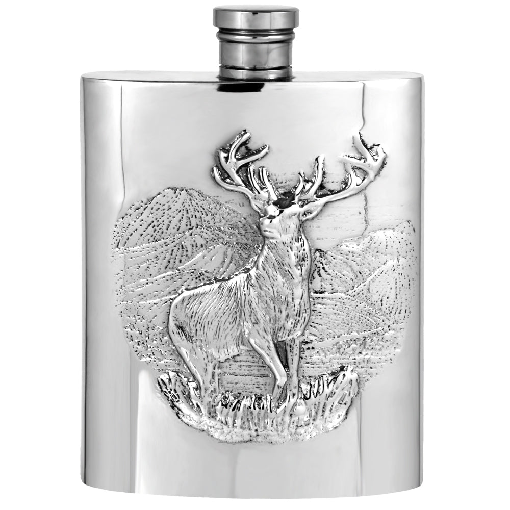 6oz Pewter Hip Flask with Embossed Highland Stag Design-Hip Flasks - Stainless Steel-Yester Home
