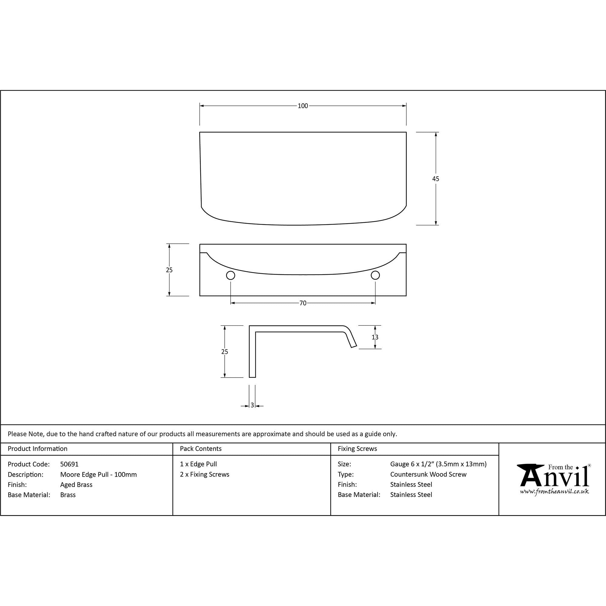 Aged Brass 100mm Moore Edge Pull | From The Anvil - Cabinet Pulls - From The Anvil - Yester Home