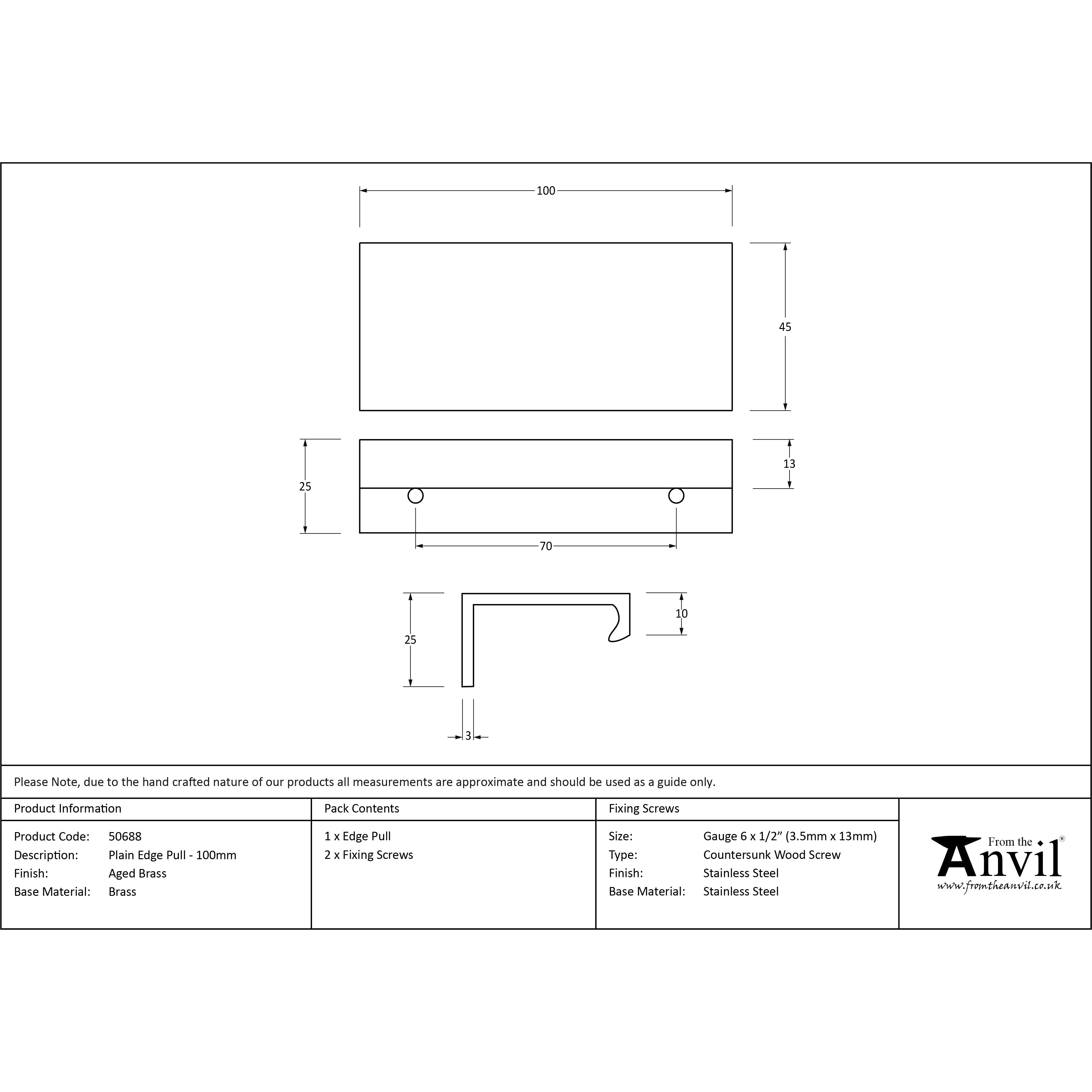 Aged Brass 100mm Plain Edge Pull | From The Anvil-Cabinet Pulls-Yester Home