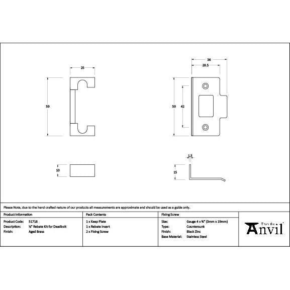Aged Brass ½" Rebate Kit for Deadbolt - Deadlocks & Deadbolts - From The Anvil - Yester Home