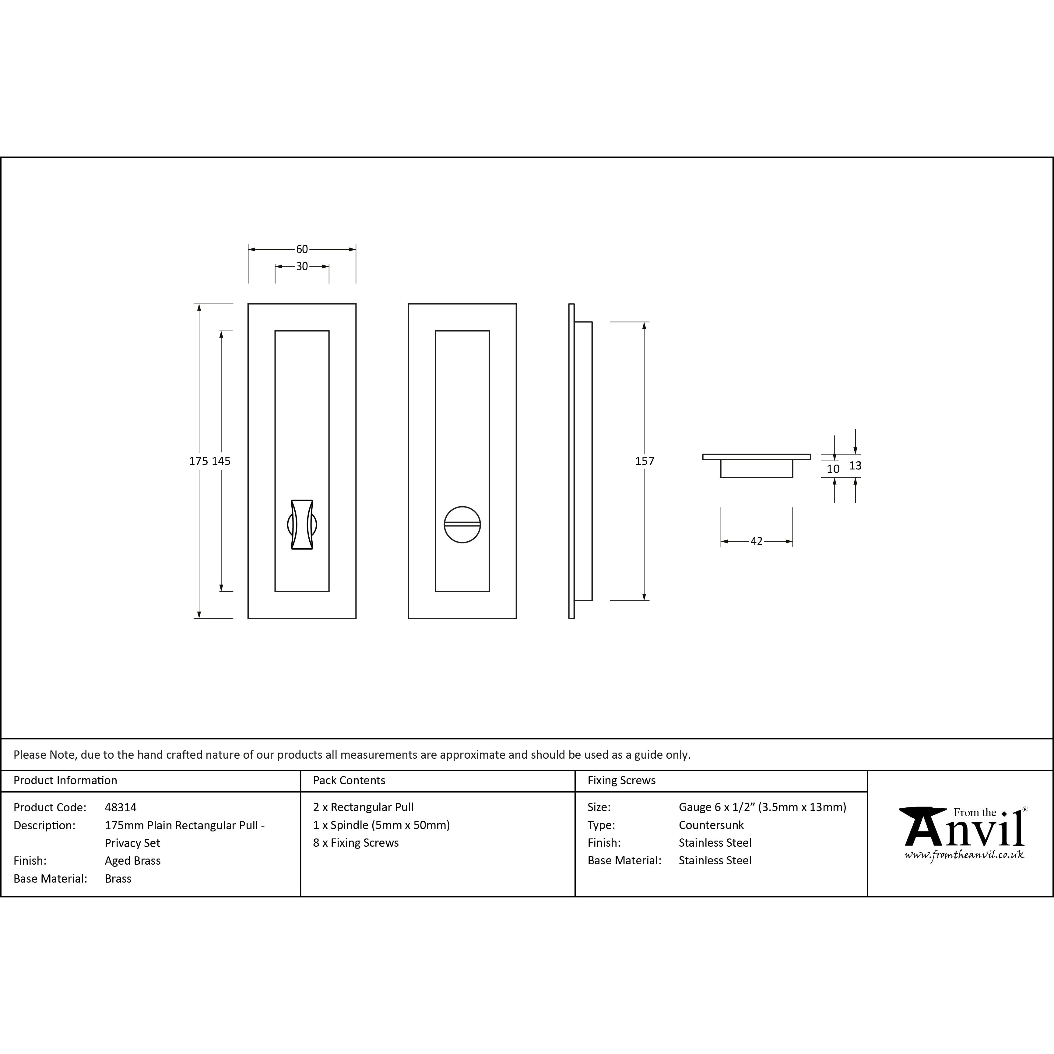 Aged Brass 175mm Plain Rectangular Pull - Privacy Set | From The Anvil-Cabinet Pulls-Yester Home