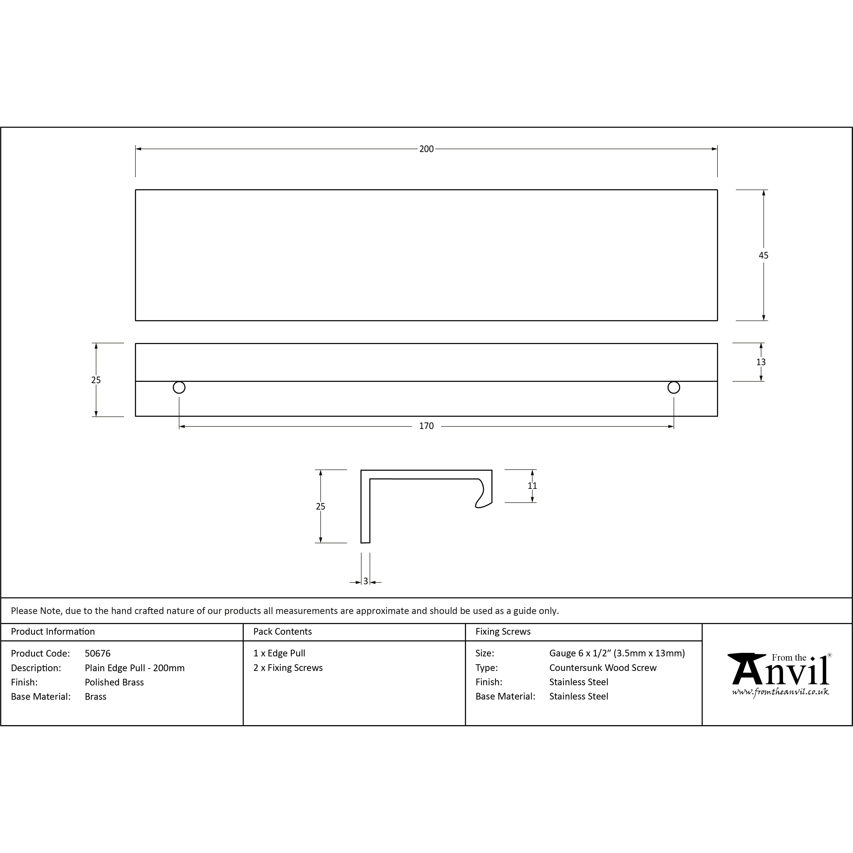 Aged Brass 200mm Plain Edge Pull | From The Anvil-Cabinet Pulls-Yester Home