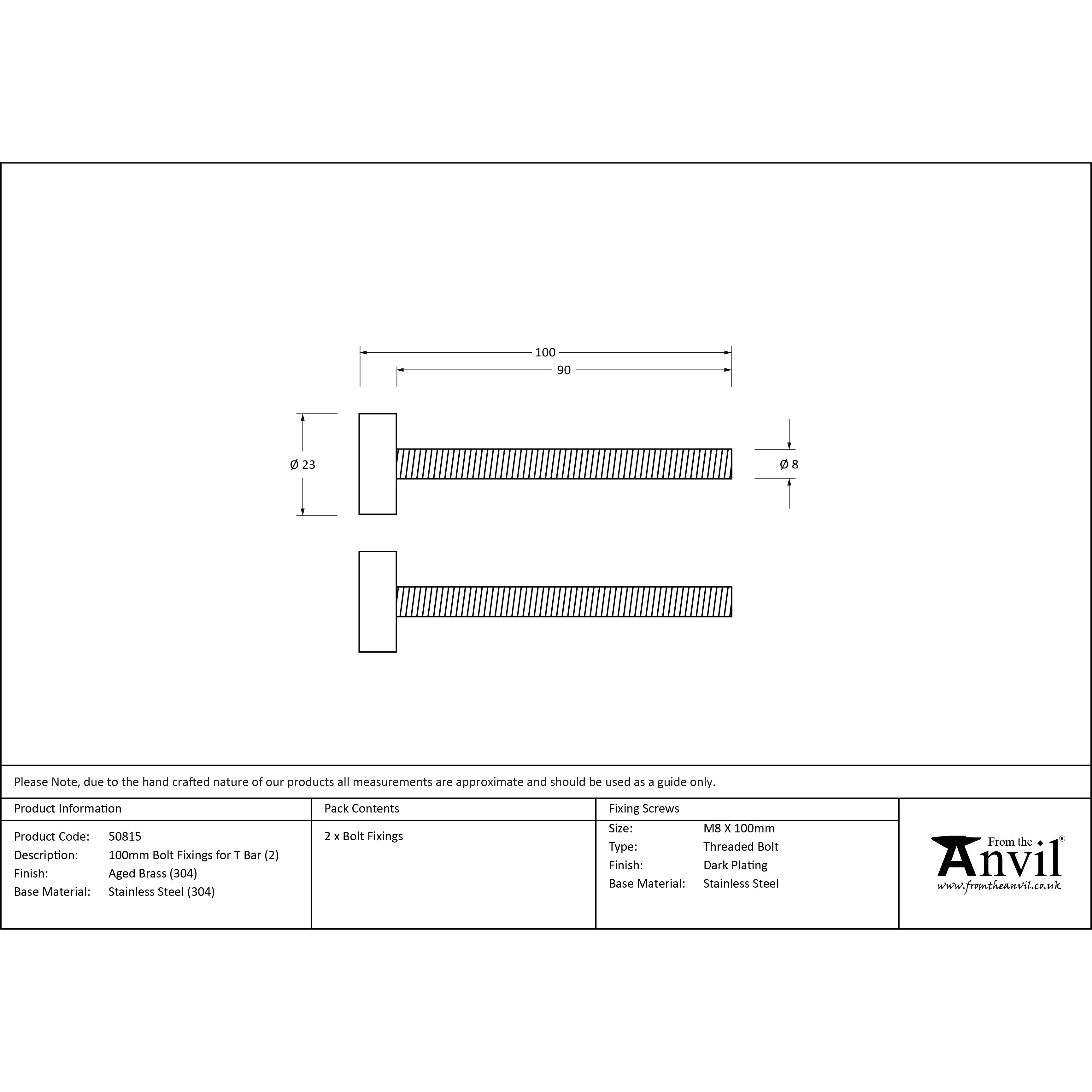 Aged Brass (304) 100mm Bolt Fixings for T Bar (2) | From The Anvil-Pull Handles-Yester Home