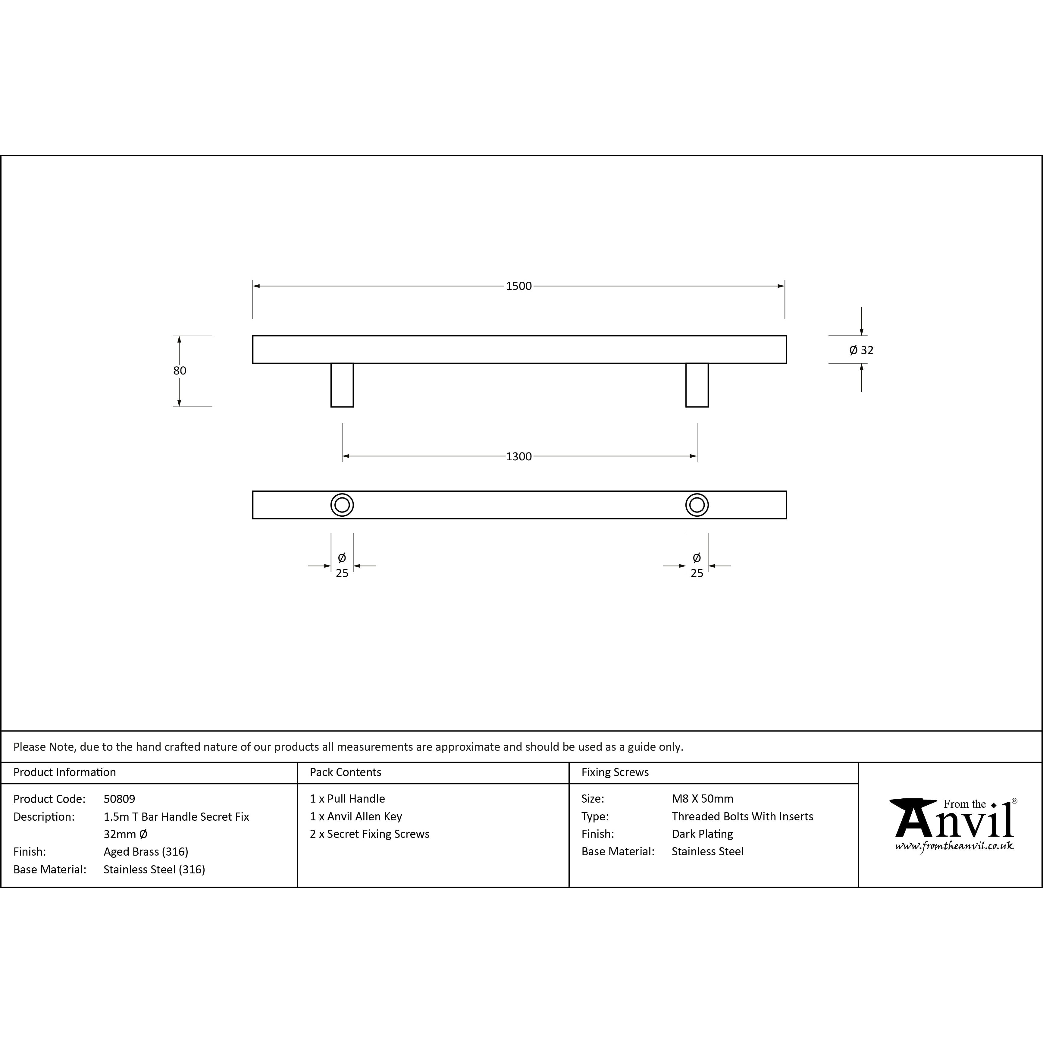 Aged Brass (316) 1.5m T Bar Handle Secret Fix 32mm Ø | From The Anvil-Pull Handles-Yester Home