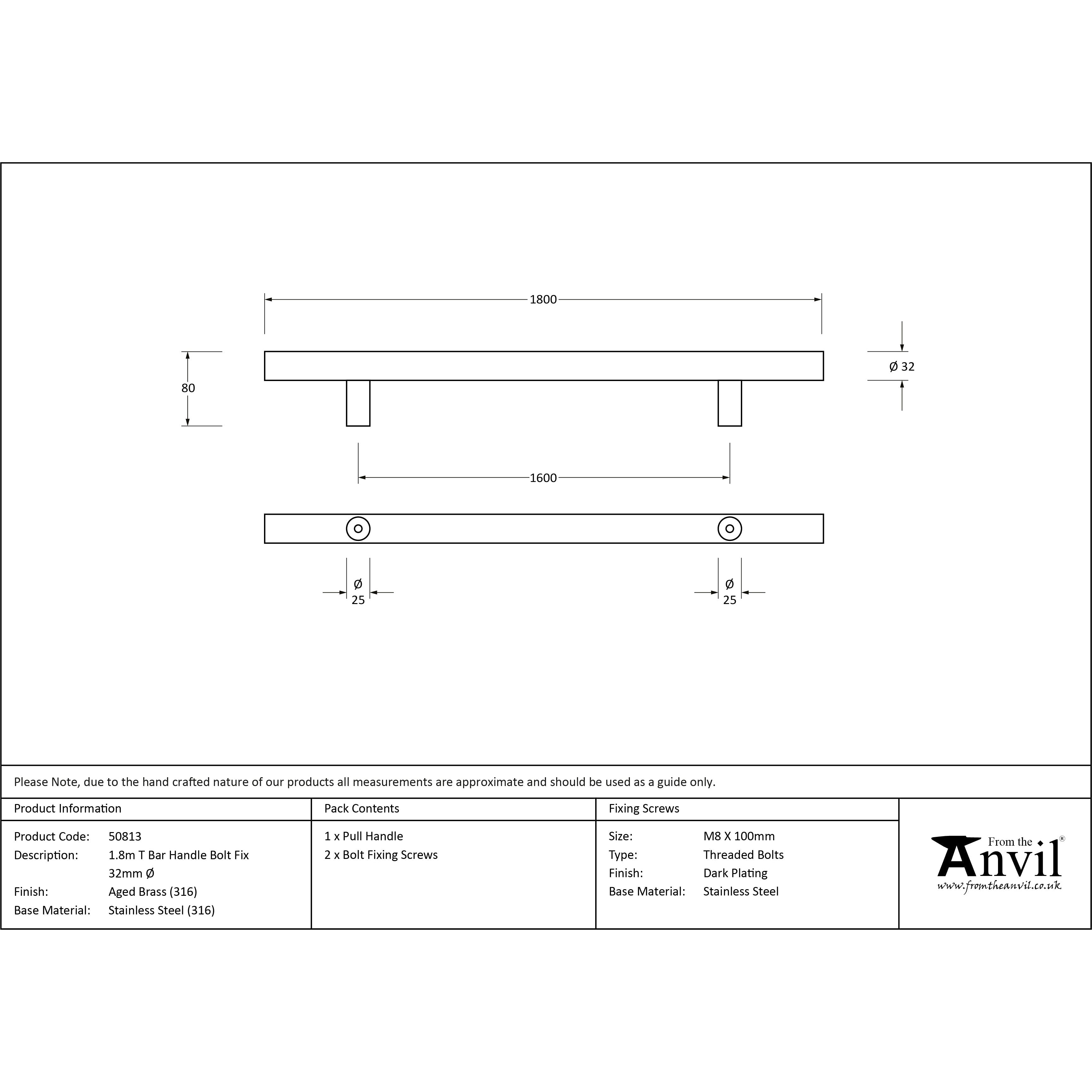 Aged Brass (316) 1.8m T Bar Handle Bolt Fix 32mm Ø | From The Anvil-Pull Handles-Yester Home