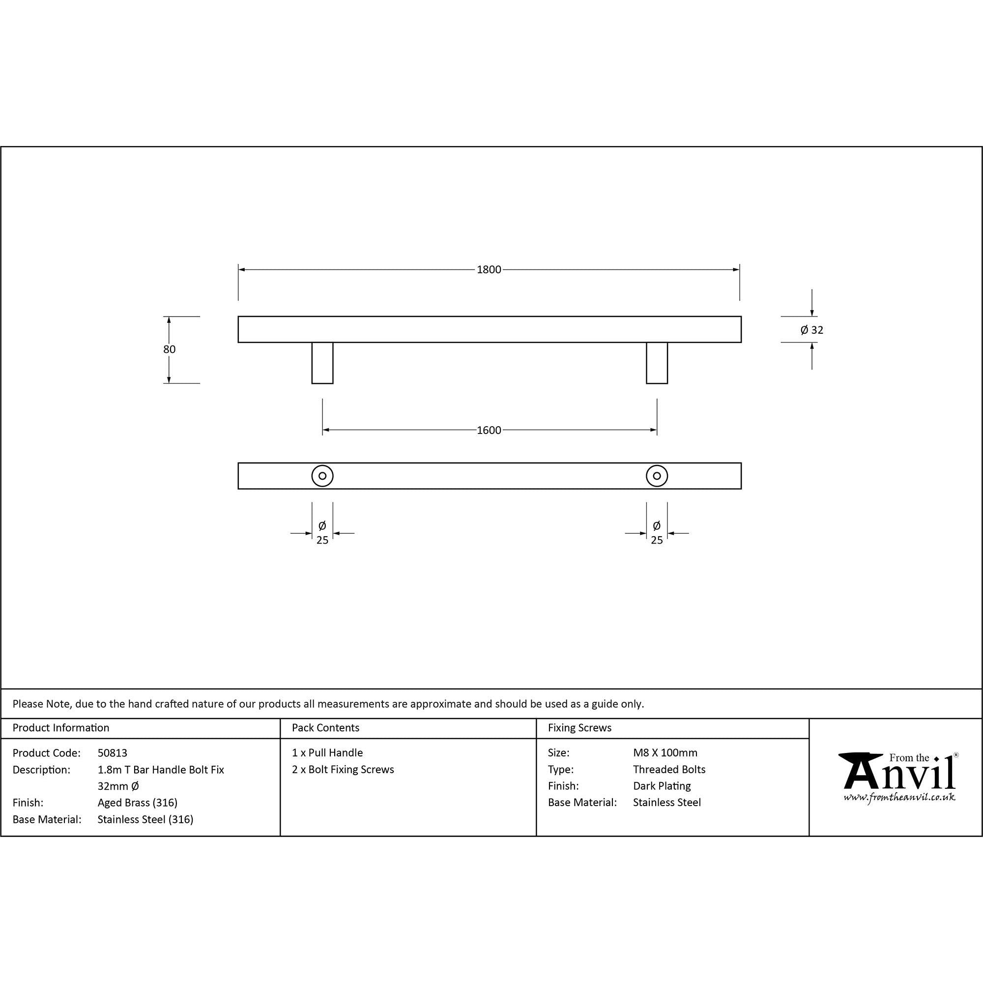 Aged Brass (316) 1.8m T Bar Handle Bolt Fix 32mm Ø | From The Anvil - Door Pull Handles - From The Anvil - Yester Home