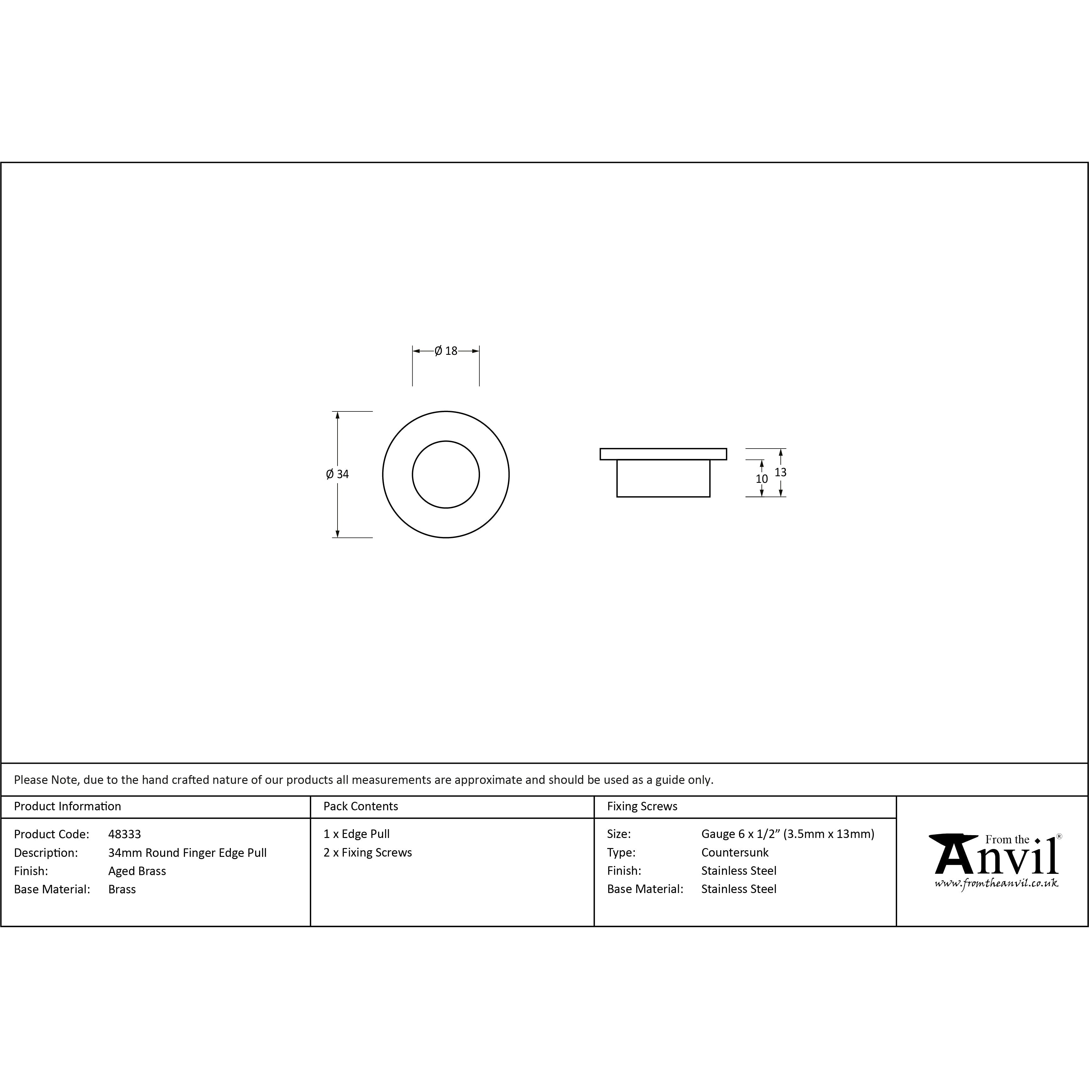Aged Brass 34mm Round Finger Edge Pull | From The Anvil-Cabinet Pulls-Yester Home