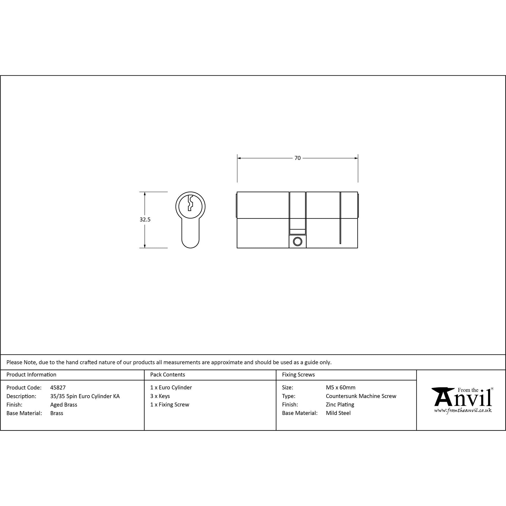 Aged Brass 35/35 5pin Euro Cylinder KA | From The Anvil - Euro Cylinders - From The Anvil - Yester Home