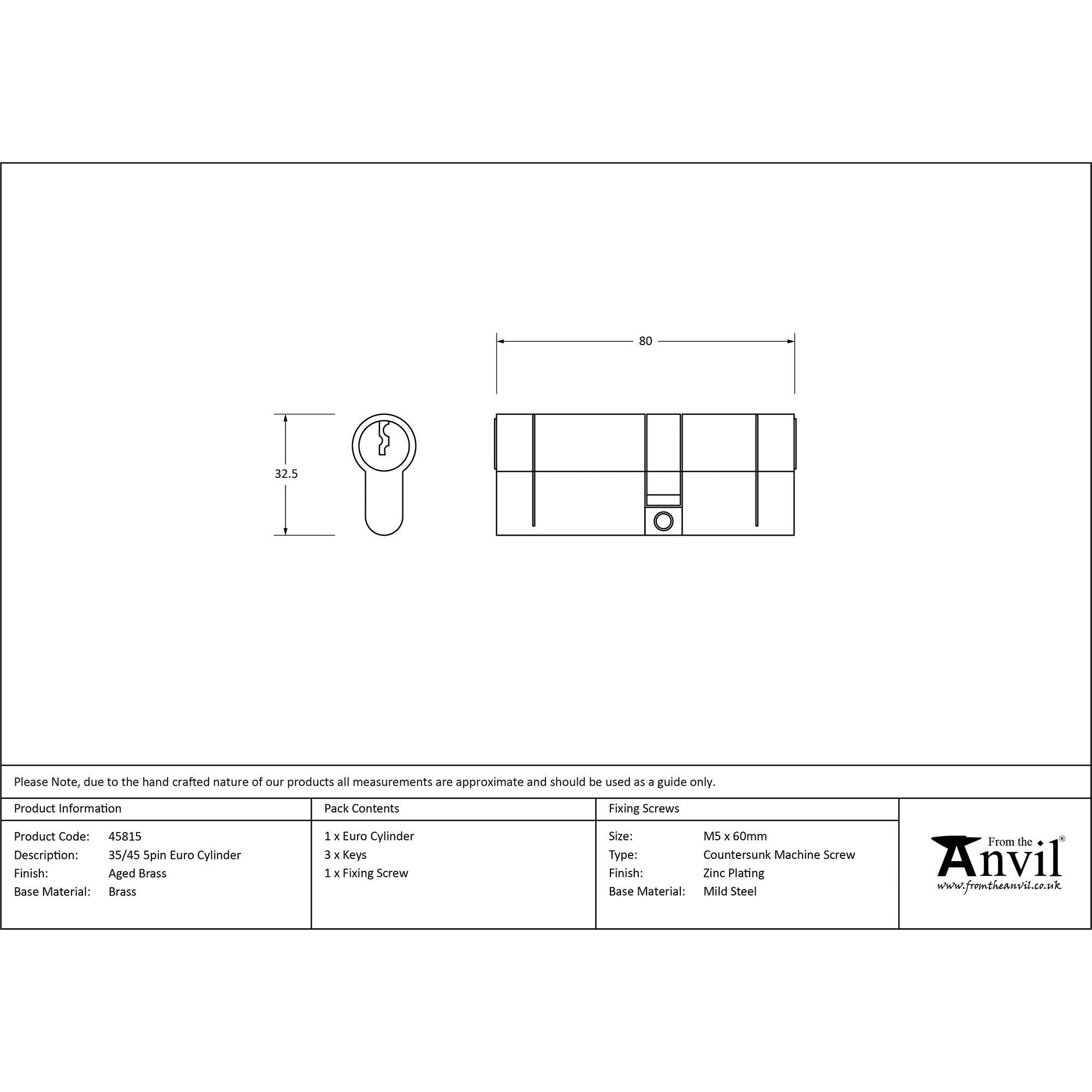 Aged Brass 35/45 5pin Euro Cylinder | From The Anvil - Euro Cylinders - From The Anvil - Yester Home