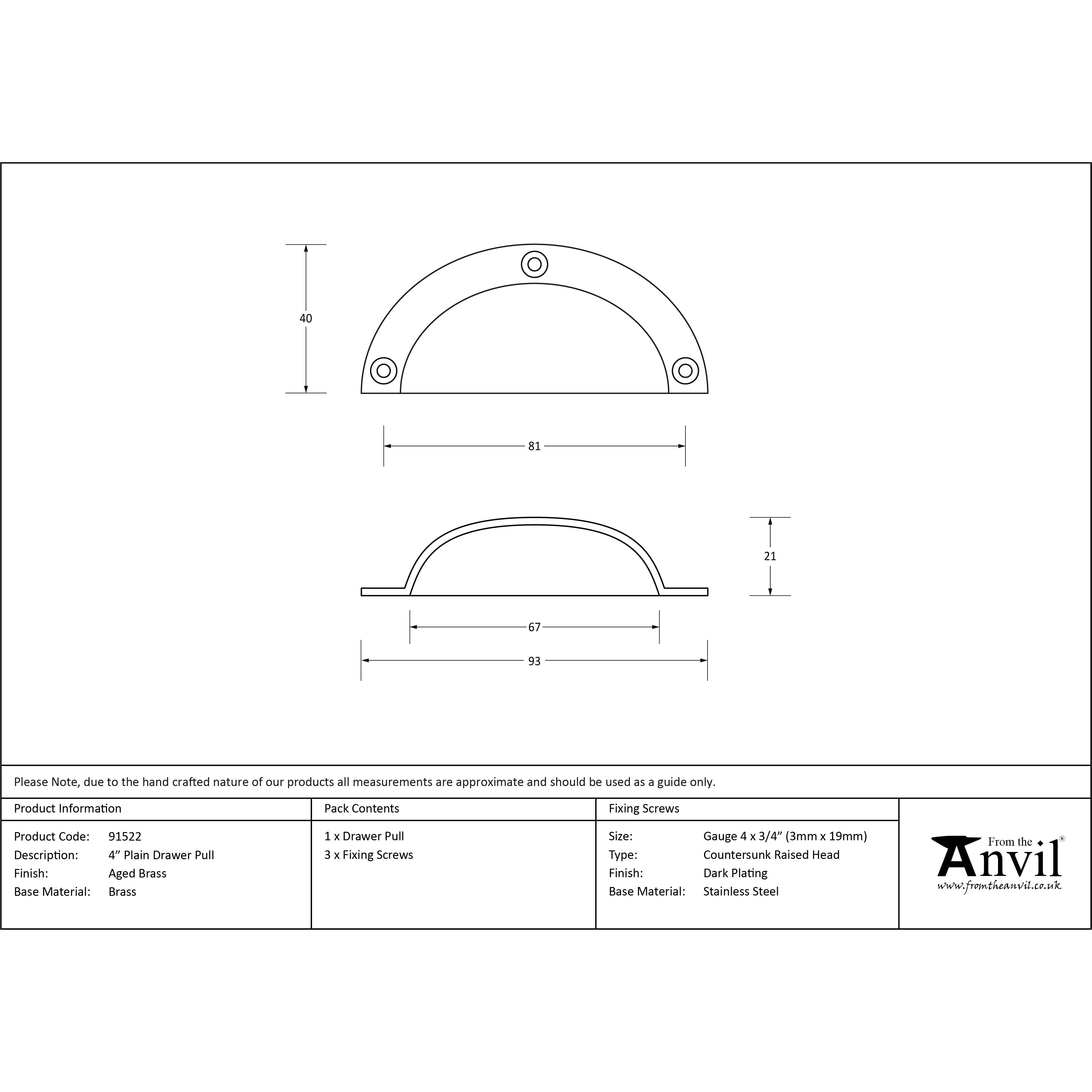 Aged Brass 4" Plain Drawer Pull | From The Anvil-Drawer Pulls-Yester Home