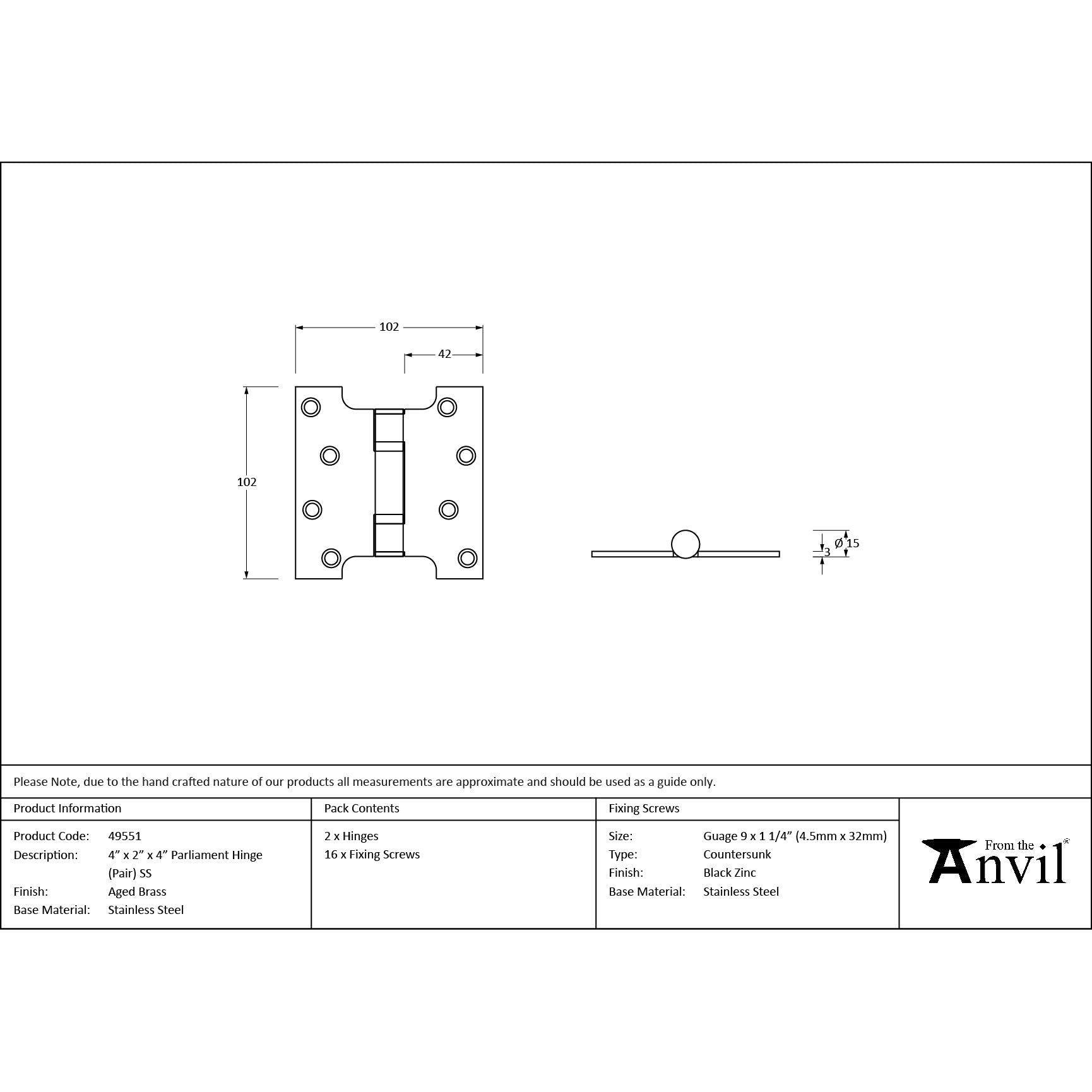 Aged Brass 4" x 2" x 4" Parliament Hinge (pair) ss | From The Anvil - Parliament Hinges - From The Anvil - Yester Home