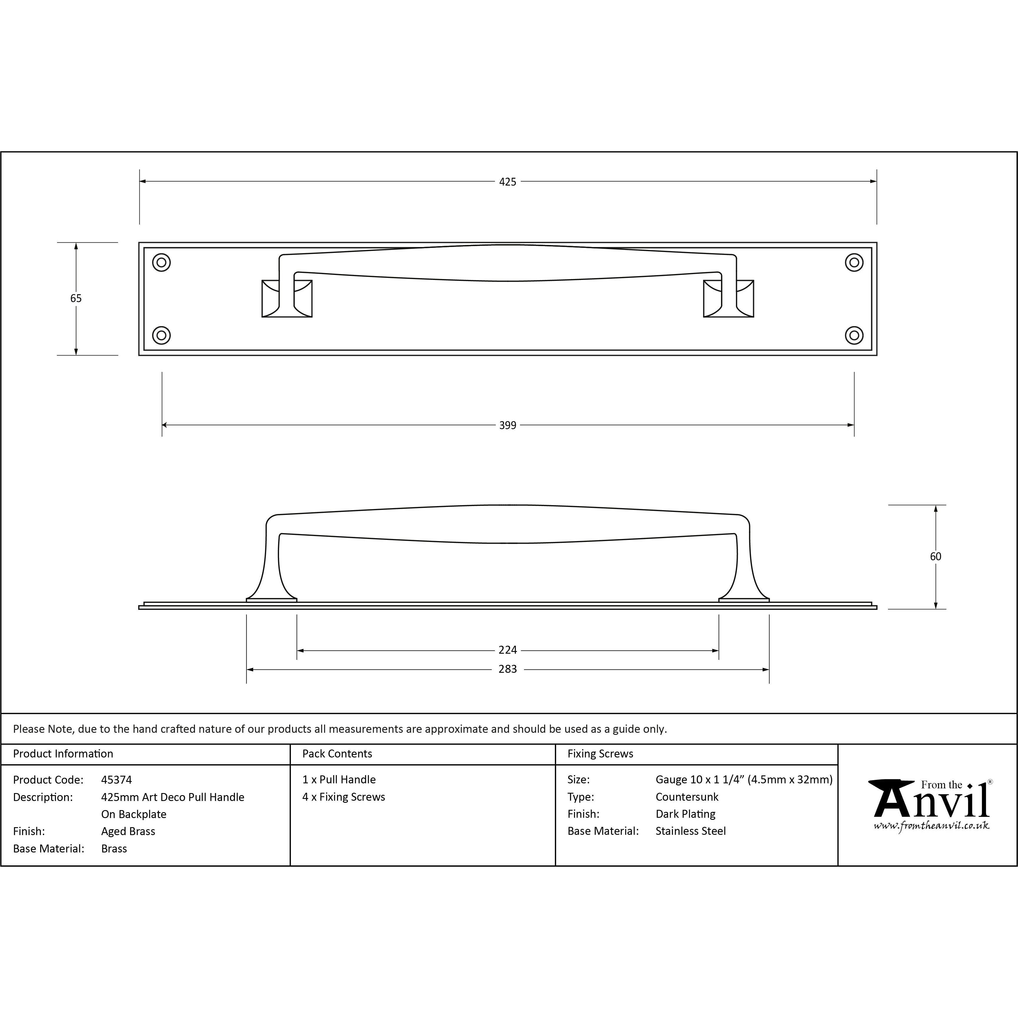 Aged Brass 425mm Art Deco Pull Handle on Backplate | From The Anvil-On Backplate-Yester Home