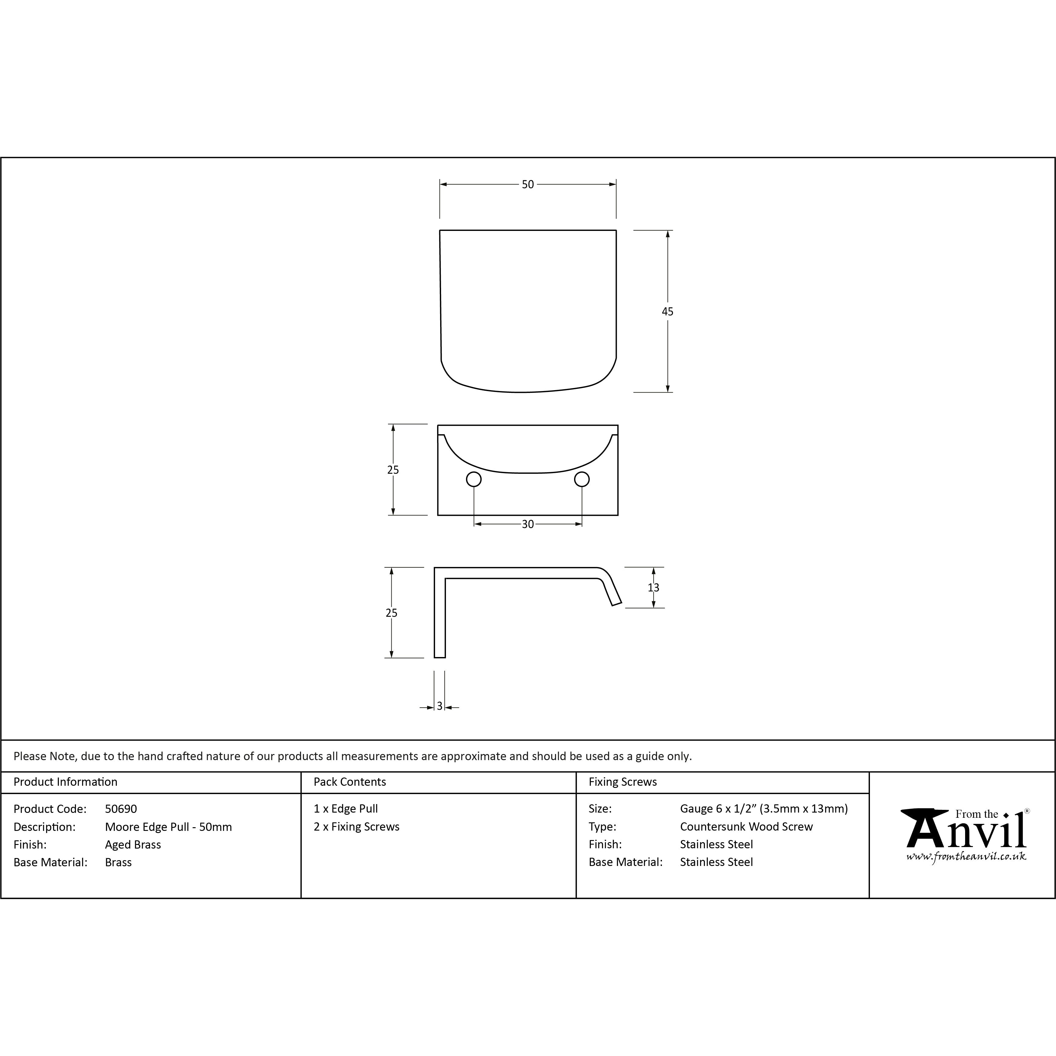 Aged Brass 50mm Moore Edge Pull | From The Anvil-Cabinet Pulls-Yester Home
