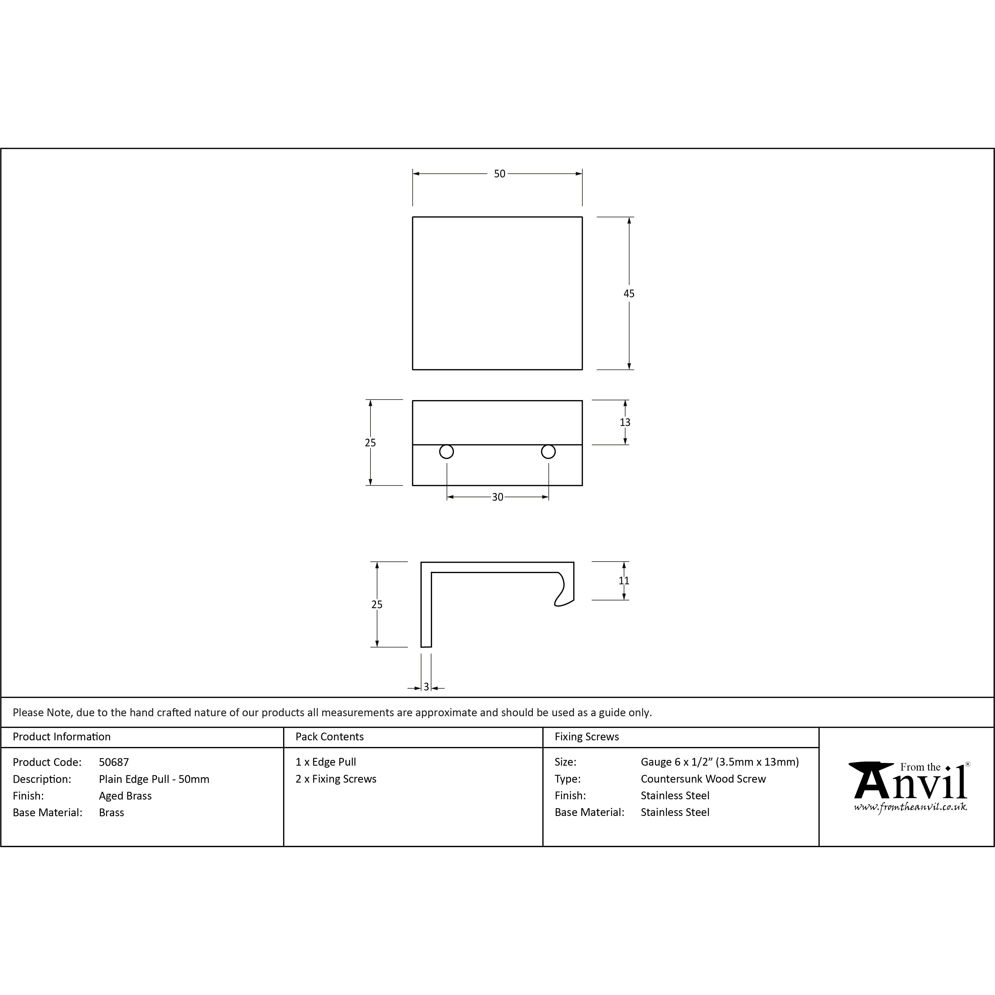 Aged Brass 50mm Plain Edge Pull | From The Anvil-Cabinet Pulls-Yester Home