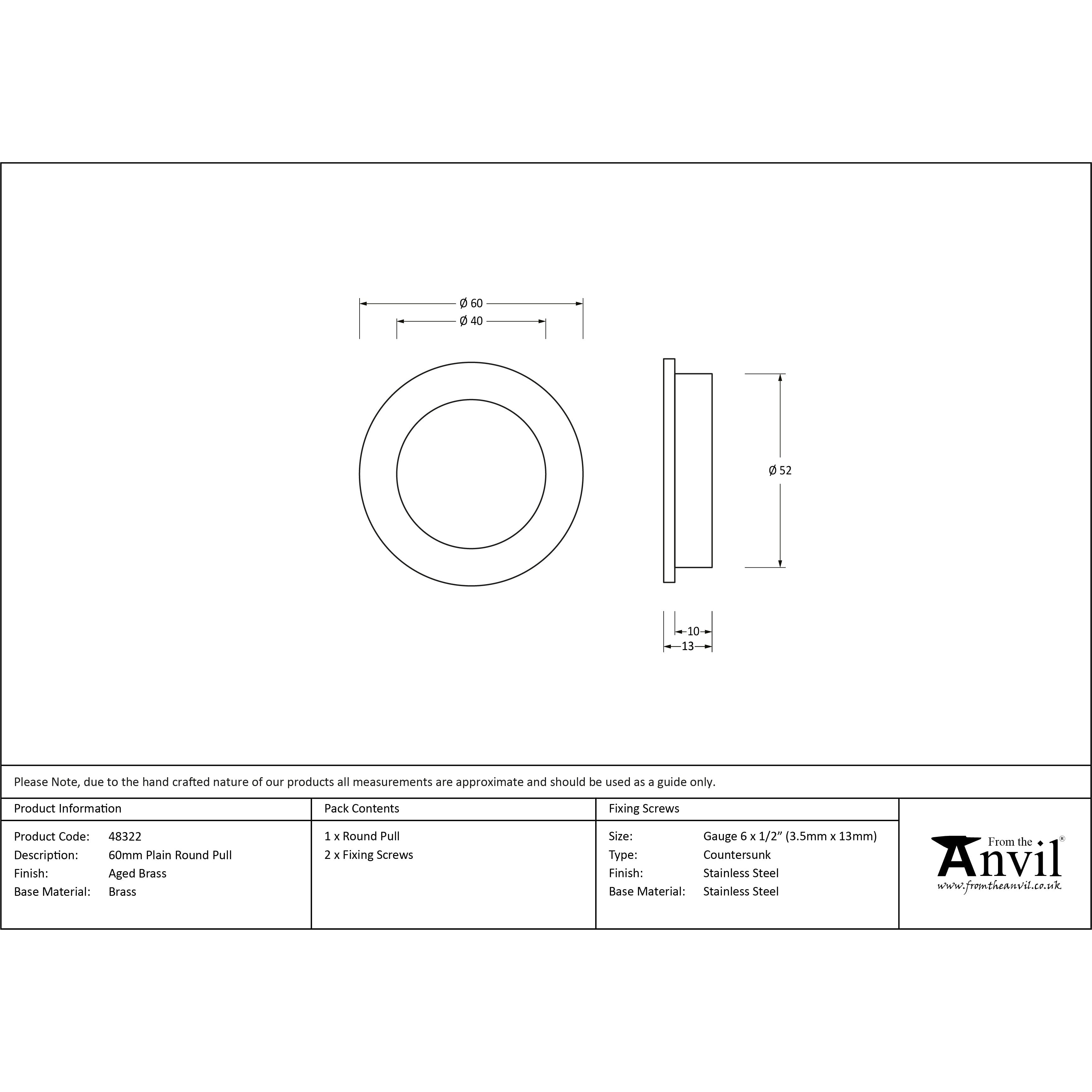 Aged Brass 60mm Plain Round Pull | From The Anvil-Cabinet Pulls-Yester Home