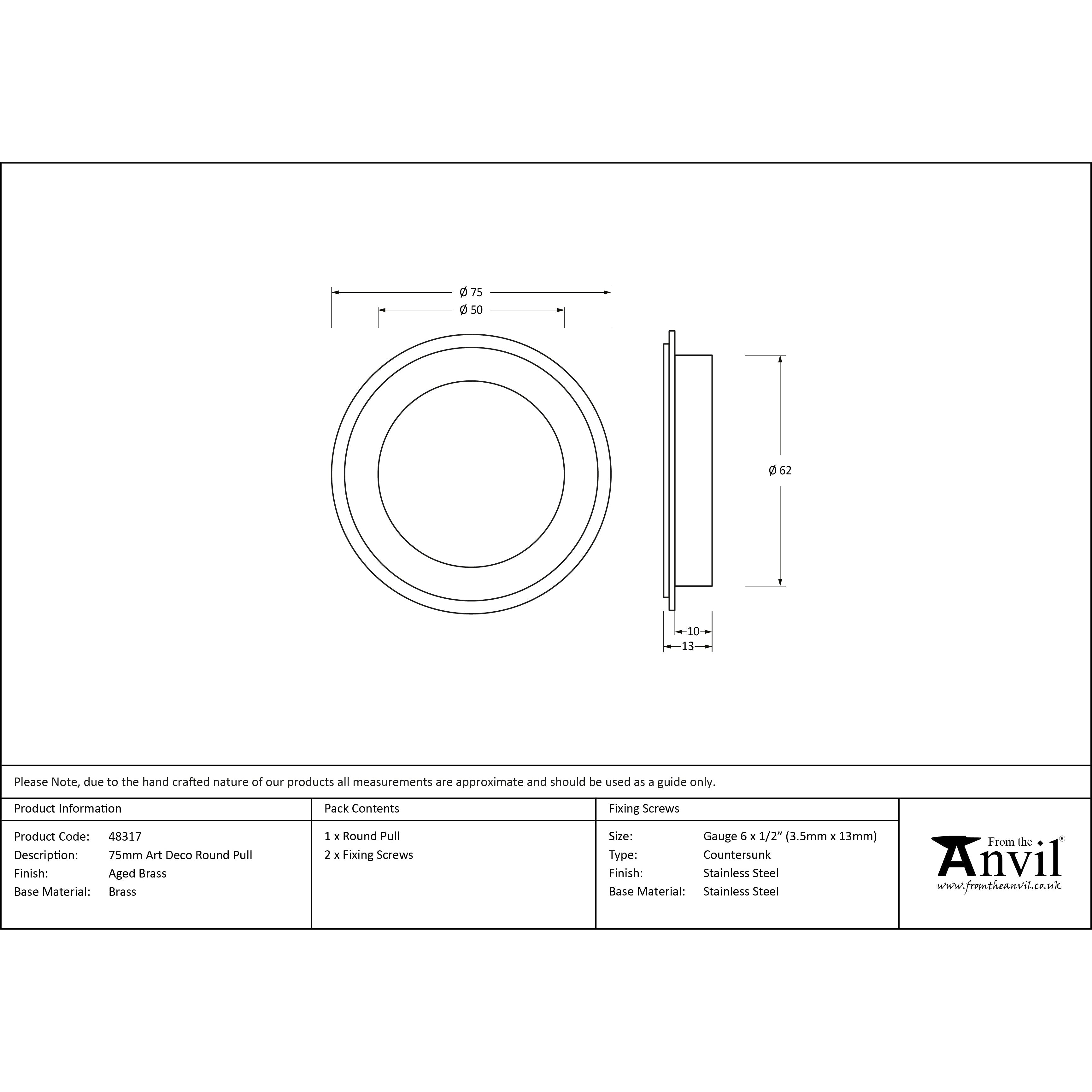 Aged Brass 75mm Art Deco Round Pull | From The Anvil-Cabinet Pulls-Yester Home