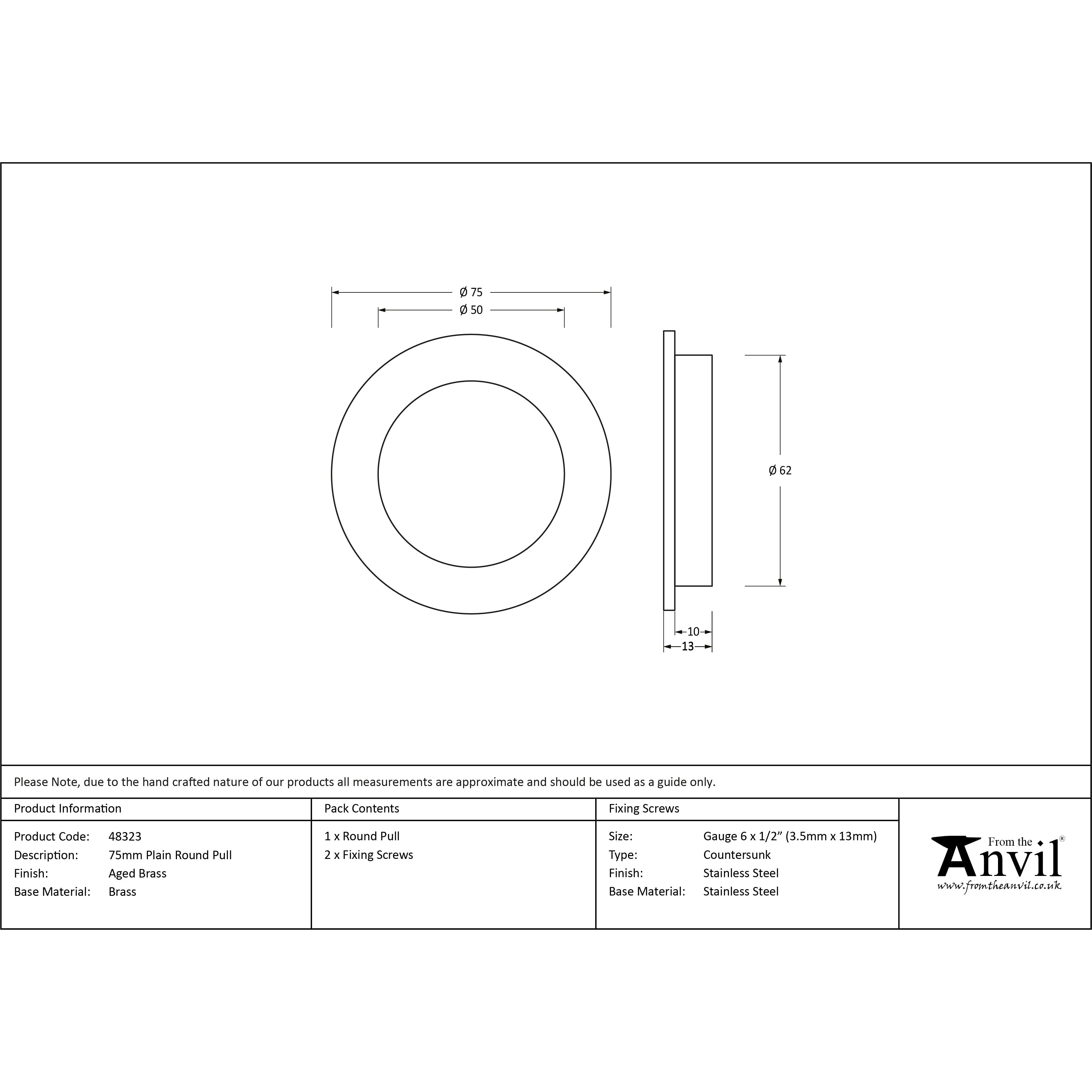 Aged Brass 75mm Plain Round Pull | From The Anvil-Cabinet Pulls-Yester Home