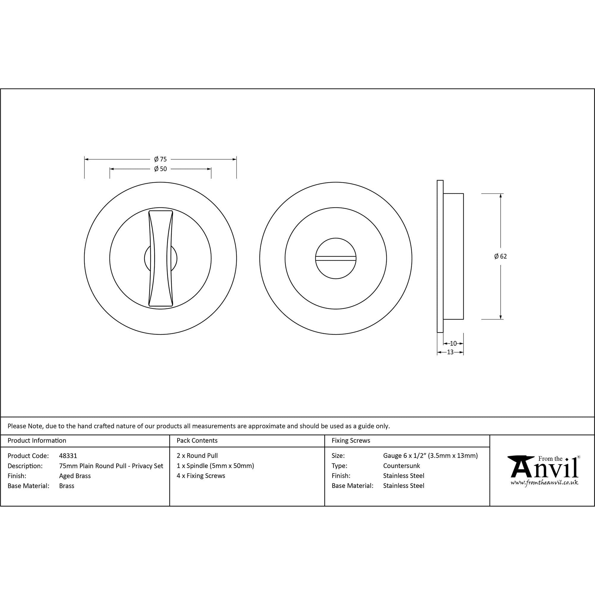 Aged Brass 75mm Plain Round Pull - Privacy Set | From The Anvil - Cabinet Pulls - From The Anvil - Yester Home