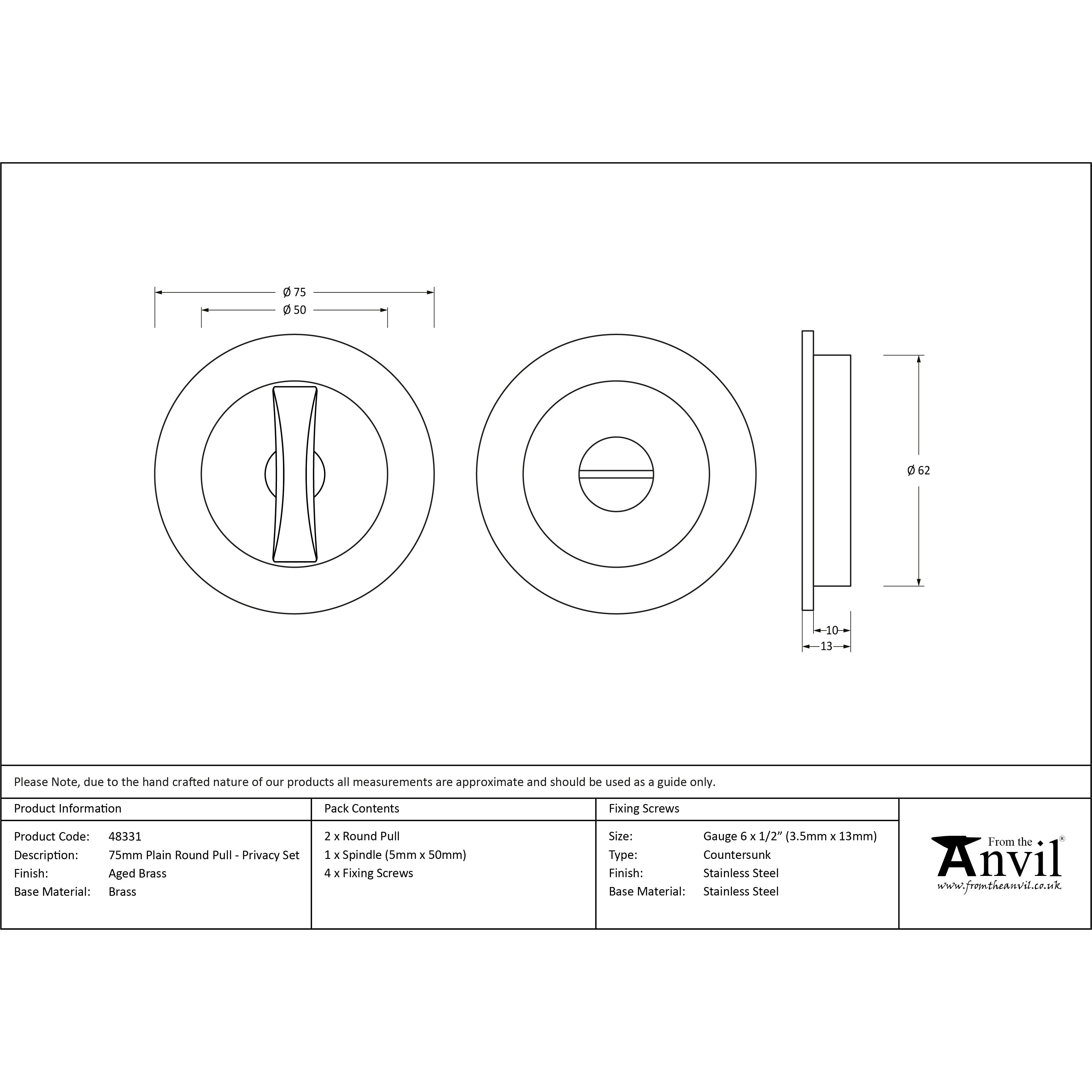 Aged Brass 75mm Plain Round Pull - Privacy Set | From The Anvil-Cabinet Pulls-Yester Home