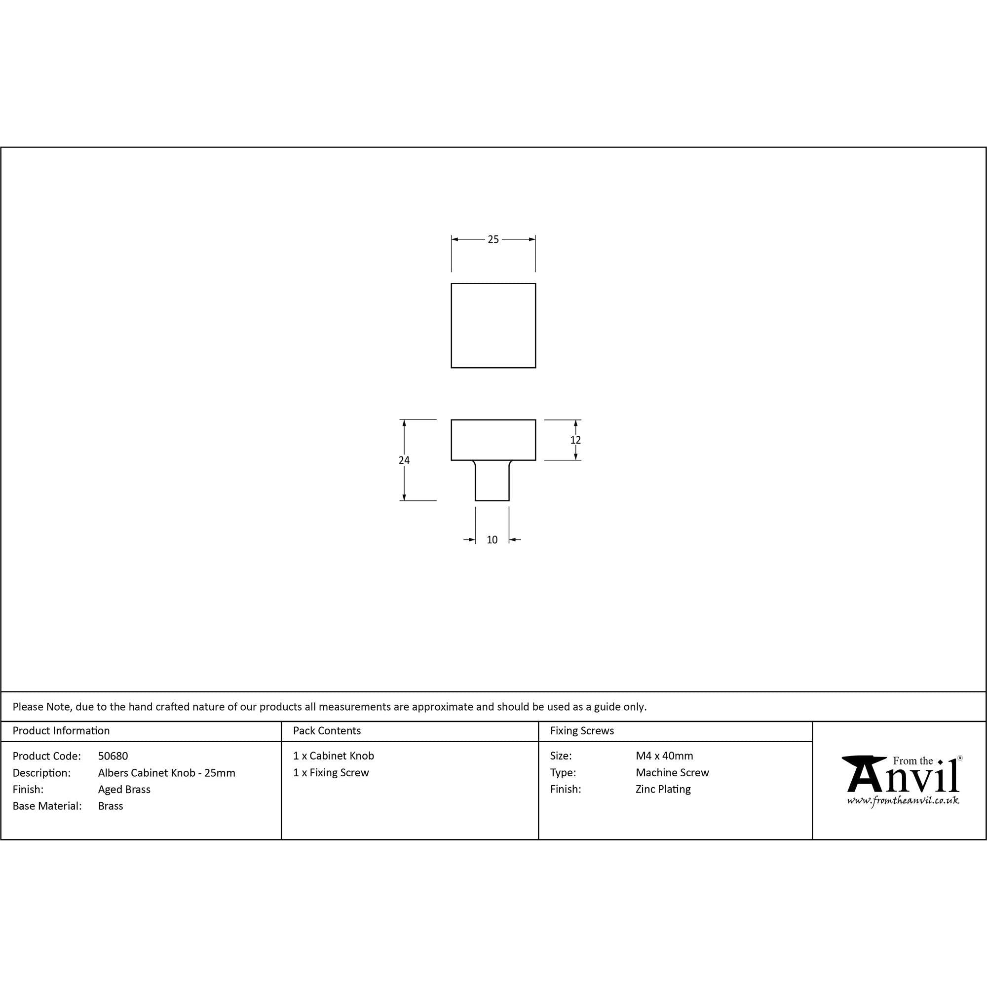 Aged Brass Albers Cabinet Knob - 25mm | From The Anvil - Cabinet Knobs - From The Anvil - Yester Home