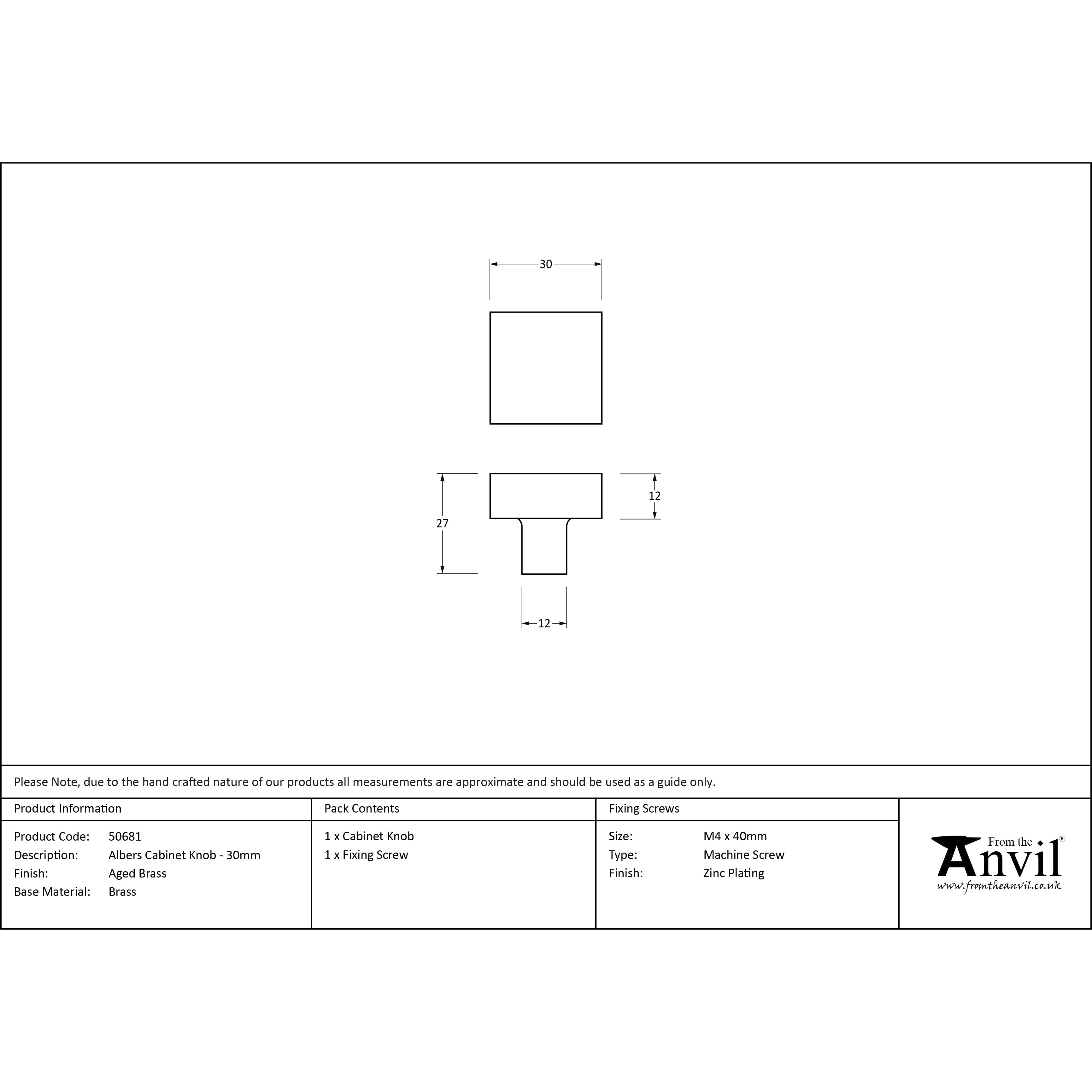 Aged Brass Albers Cabinet Knob - 30mm | From The Anvil-Cabinet Knobs-Yester Home