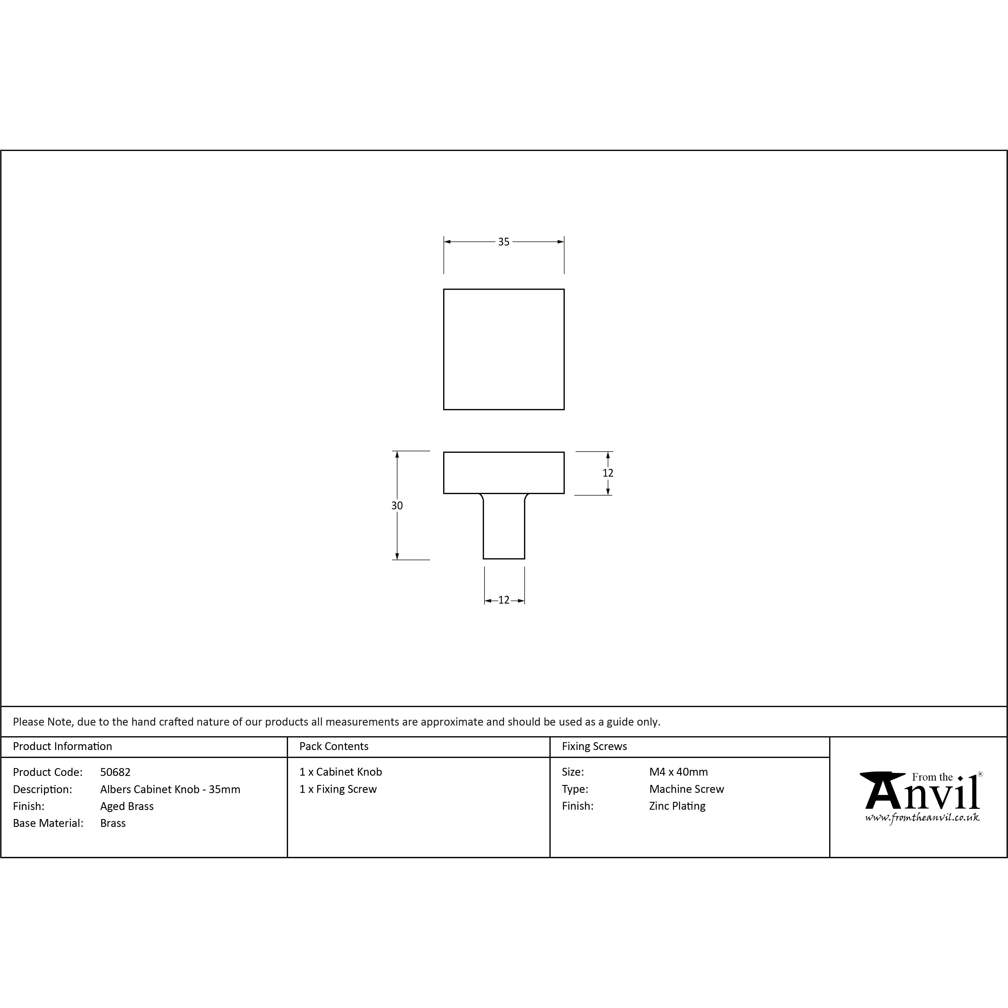 Aged Brass Albers Cabinet Knob - 35mm | From The Anvil-Cabinet Knobs-Yester Home