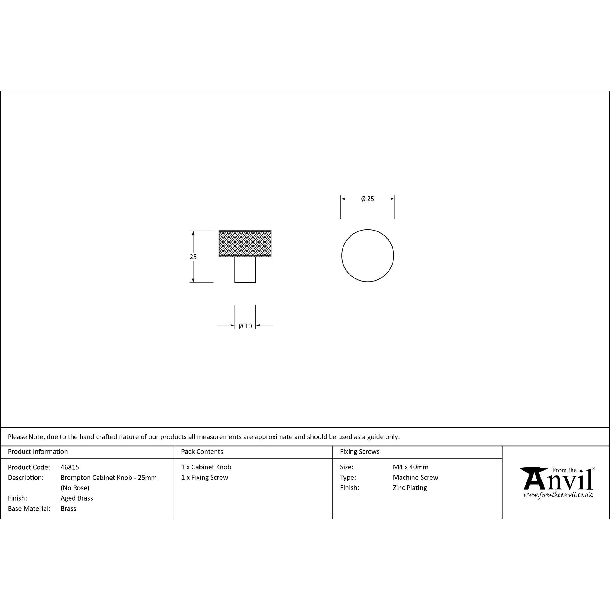 Aged Brass Brompton Cabinet Knob - 25mm (No rose) | From The Anvil - Cabinet Knobs - From The Anvil - Yester Home