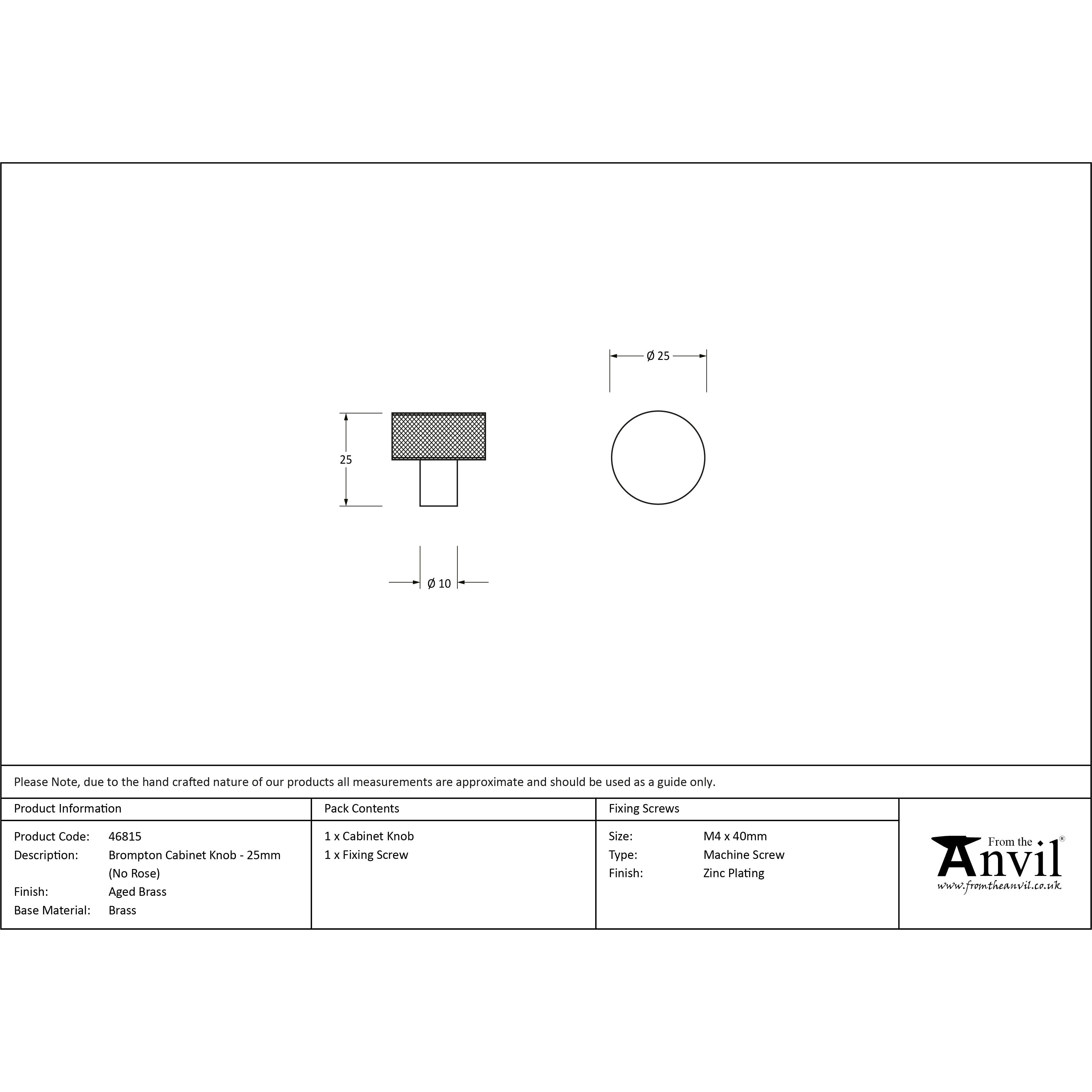 Aged Brass Brompton Cabinet Knob - 25mm (No rose) | From The Anvil-Cabinet Knobs-Yester Home
