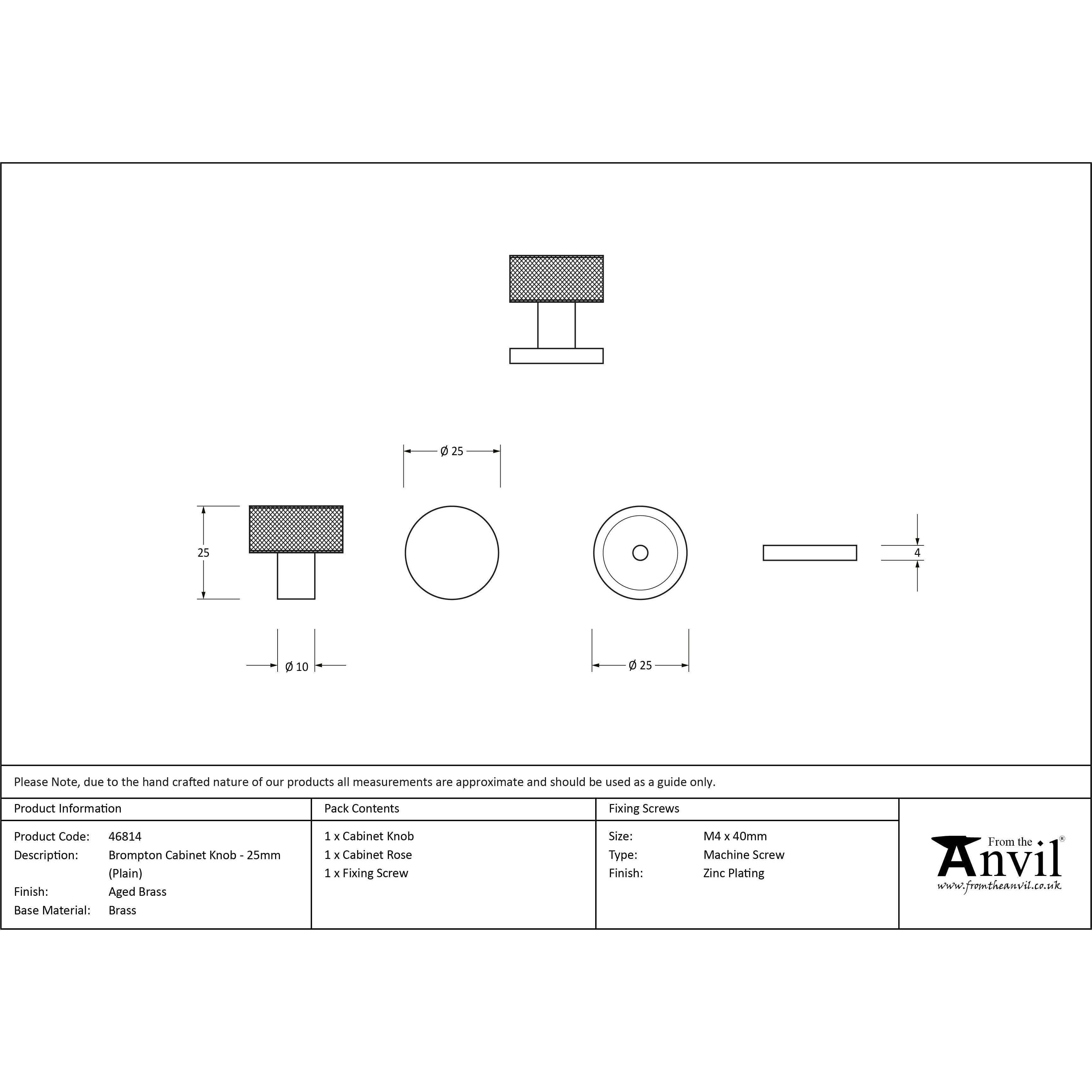 Aged Brass Brompton Cabinet Knob - 25mm (Plain) | From The Anvil-Cabinet Knobs-Yester Home