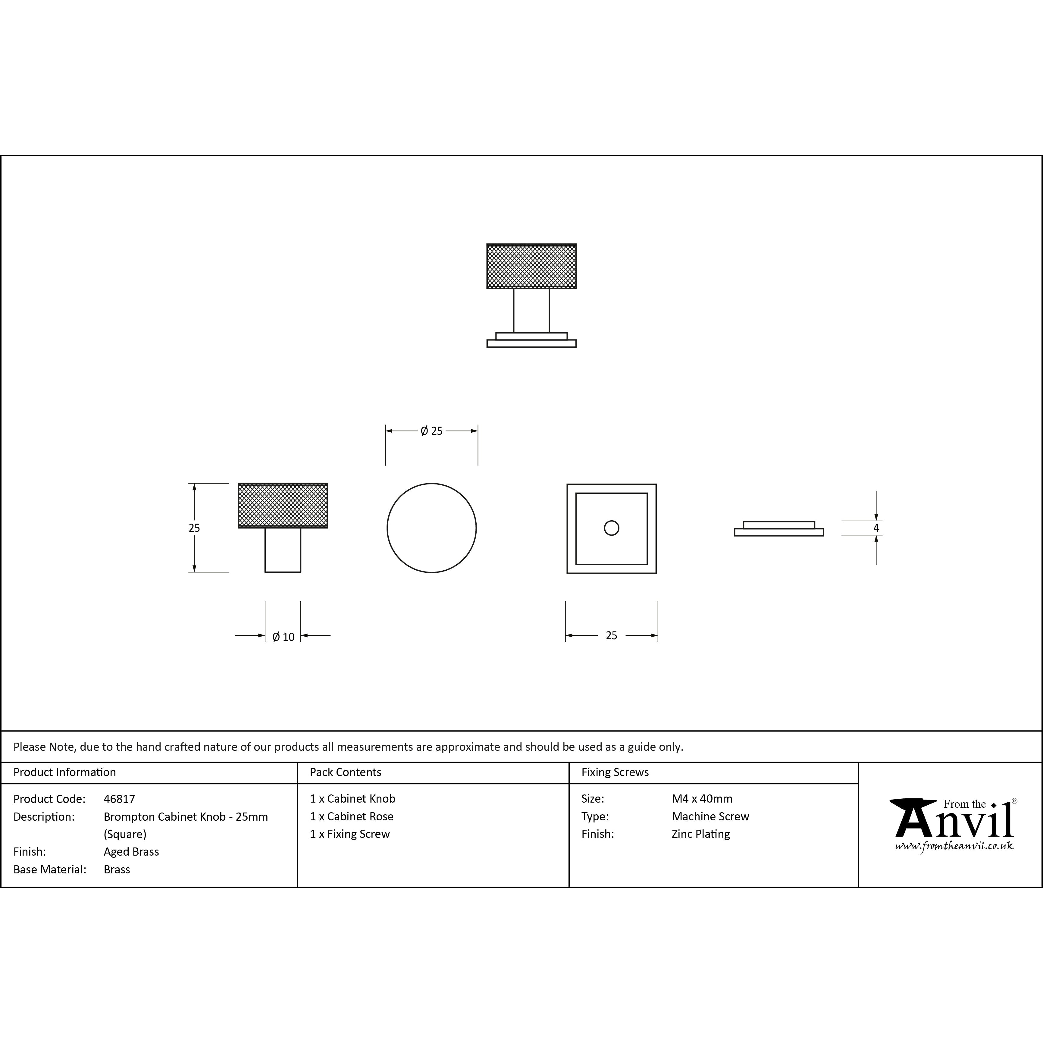 Aged Brass Brompton Cabinet Knob - 25mm (Square) | From The Anvil-Cabinet Knobs-Yester Home