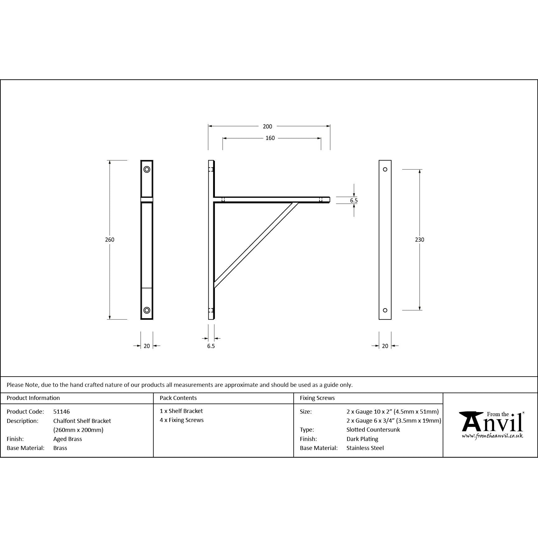 Aged Brass Chalfont Shelf Bracket (260mm x 200mm) | From The Anvil - Shelf Brackets - From The Anvil - Yester Home