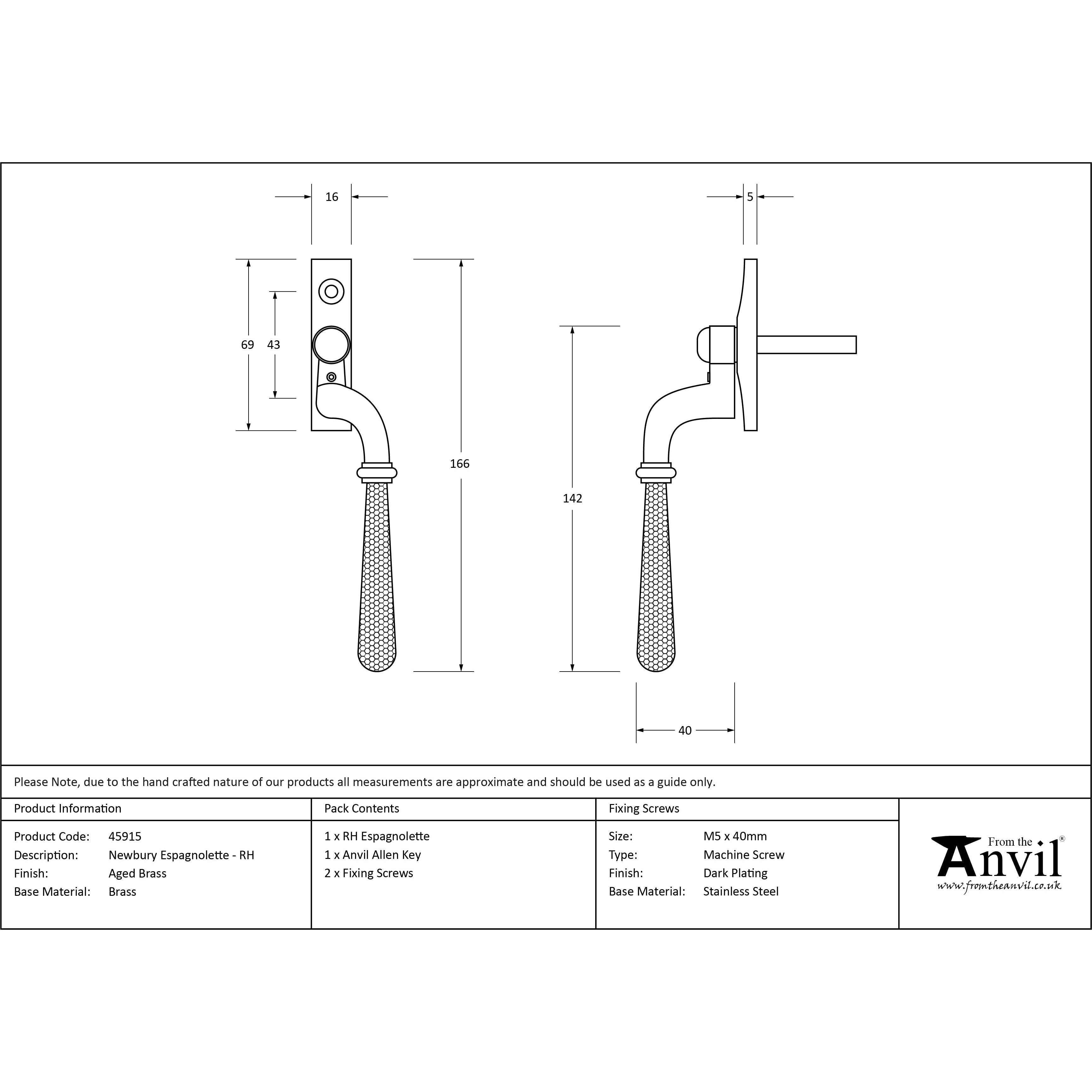 Aged Brass Hammered Newbury Espag - RH | From The Anvil-Espag. Fasteners-Yester Home