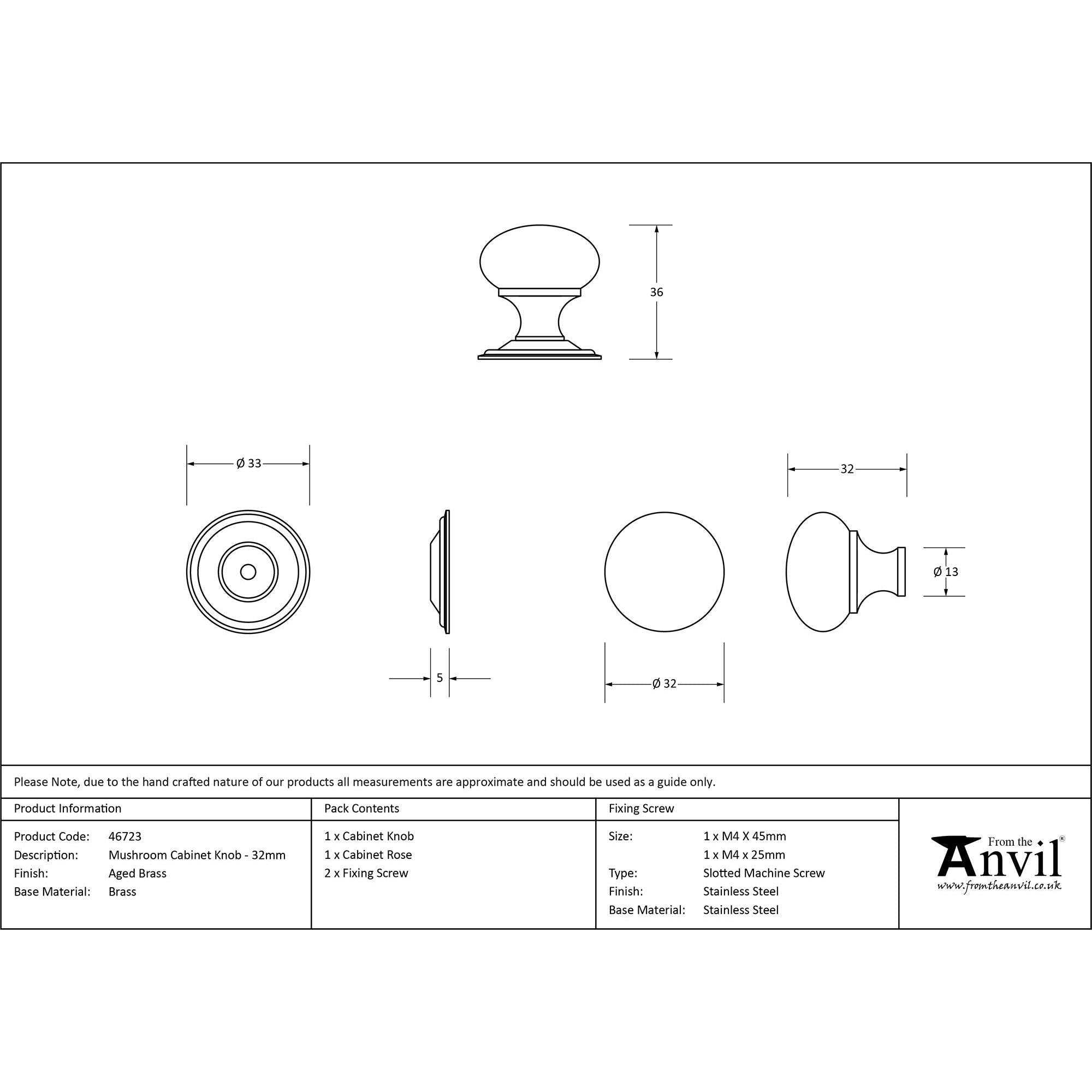 Aged Brass Mushroom Cabinet Knob 32mm | From The Anvil - Cabinet Knobs - From The Anvil - Yester Home