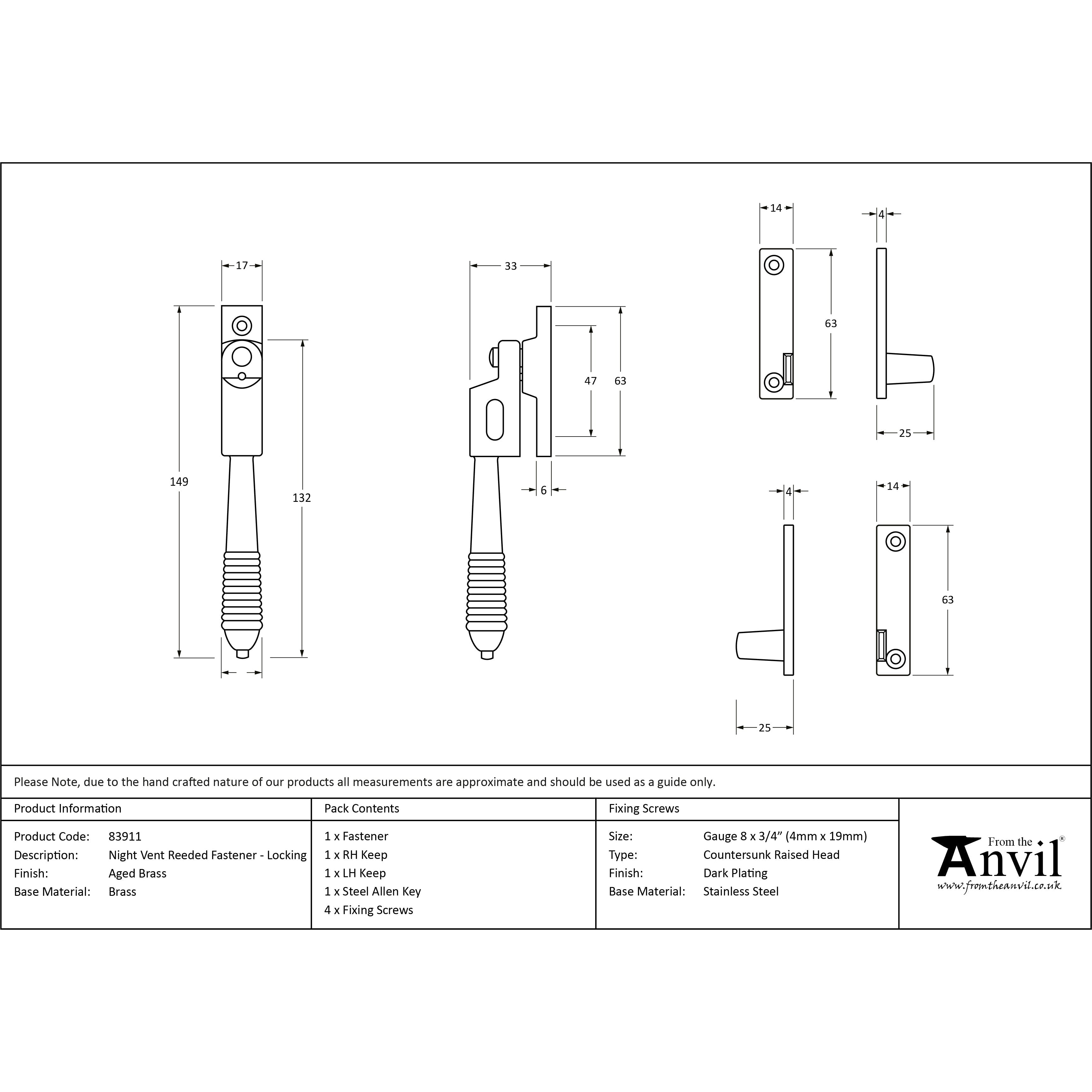 Aged Brass Night-Vent Locking Reeded Fastener | From The Anvil-Night-Vent Fasteners-Yester Home