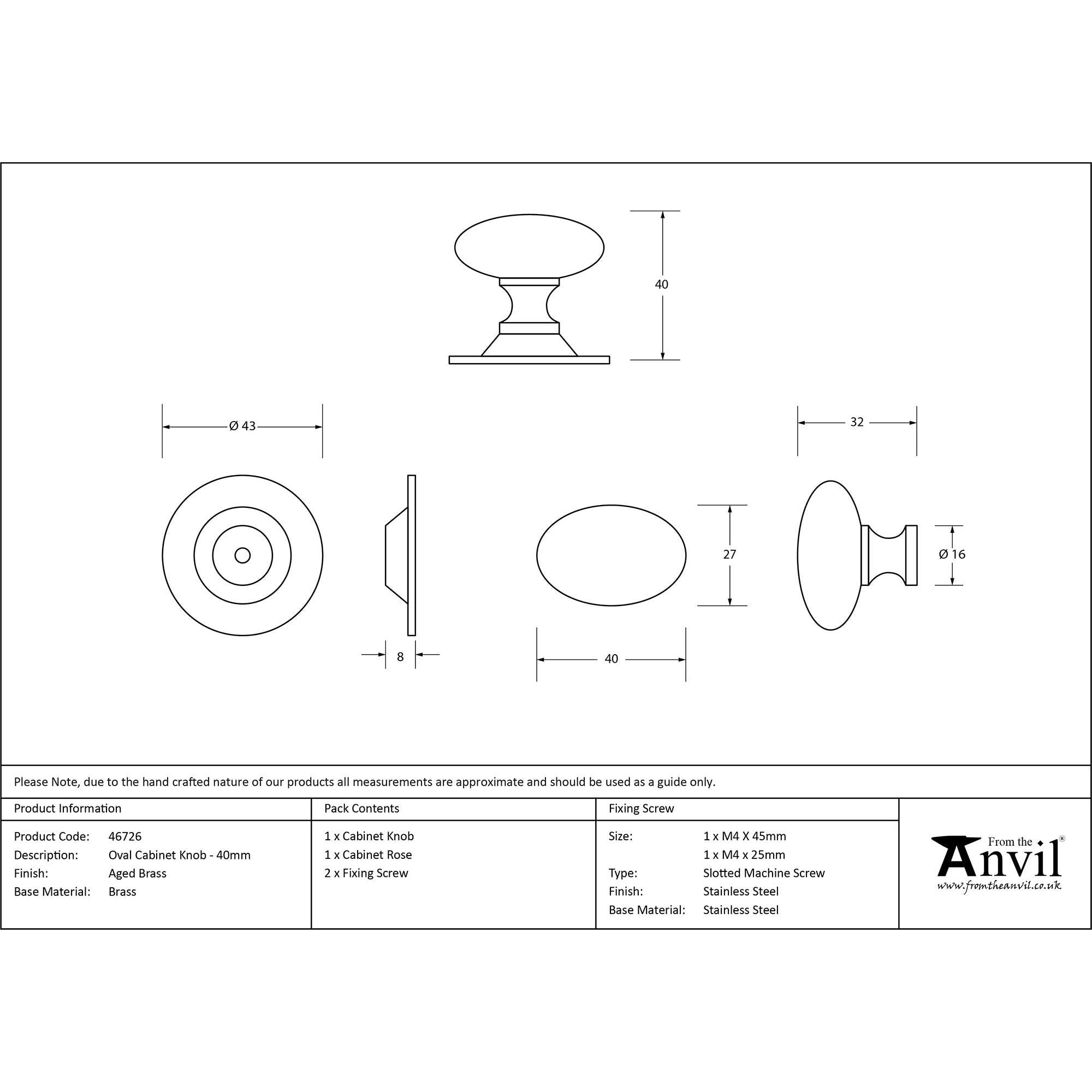Aged Brass Oval Cabinet Knob 40mm | From The Anvil - Cabinet Knobs - From The Anvil - Yester Home