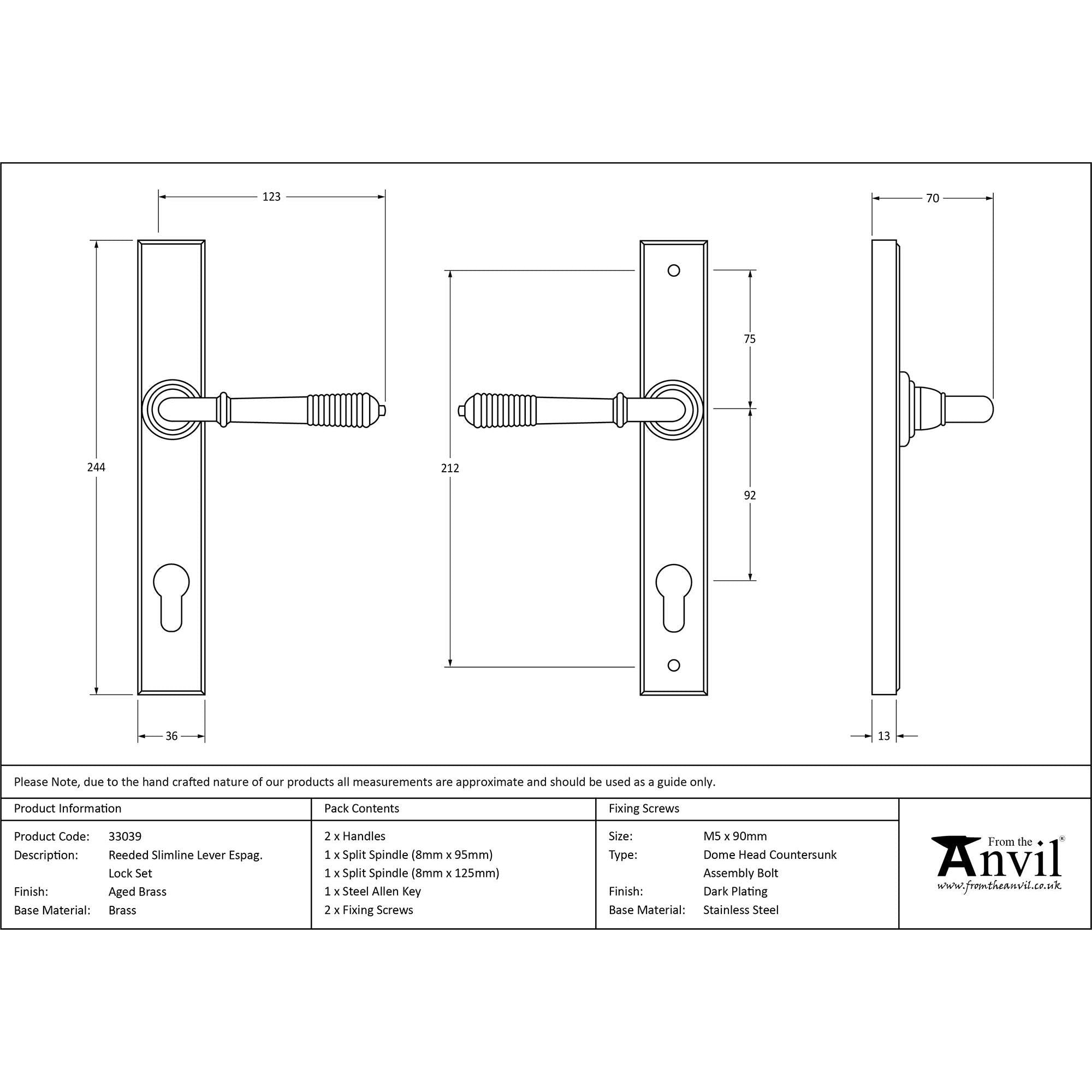 Aged Brass Reeded Slimline Lever Espag. Lock Set | From The Anvil - Espagnolette - From The Anvil - Yester Home
