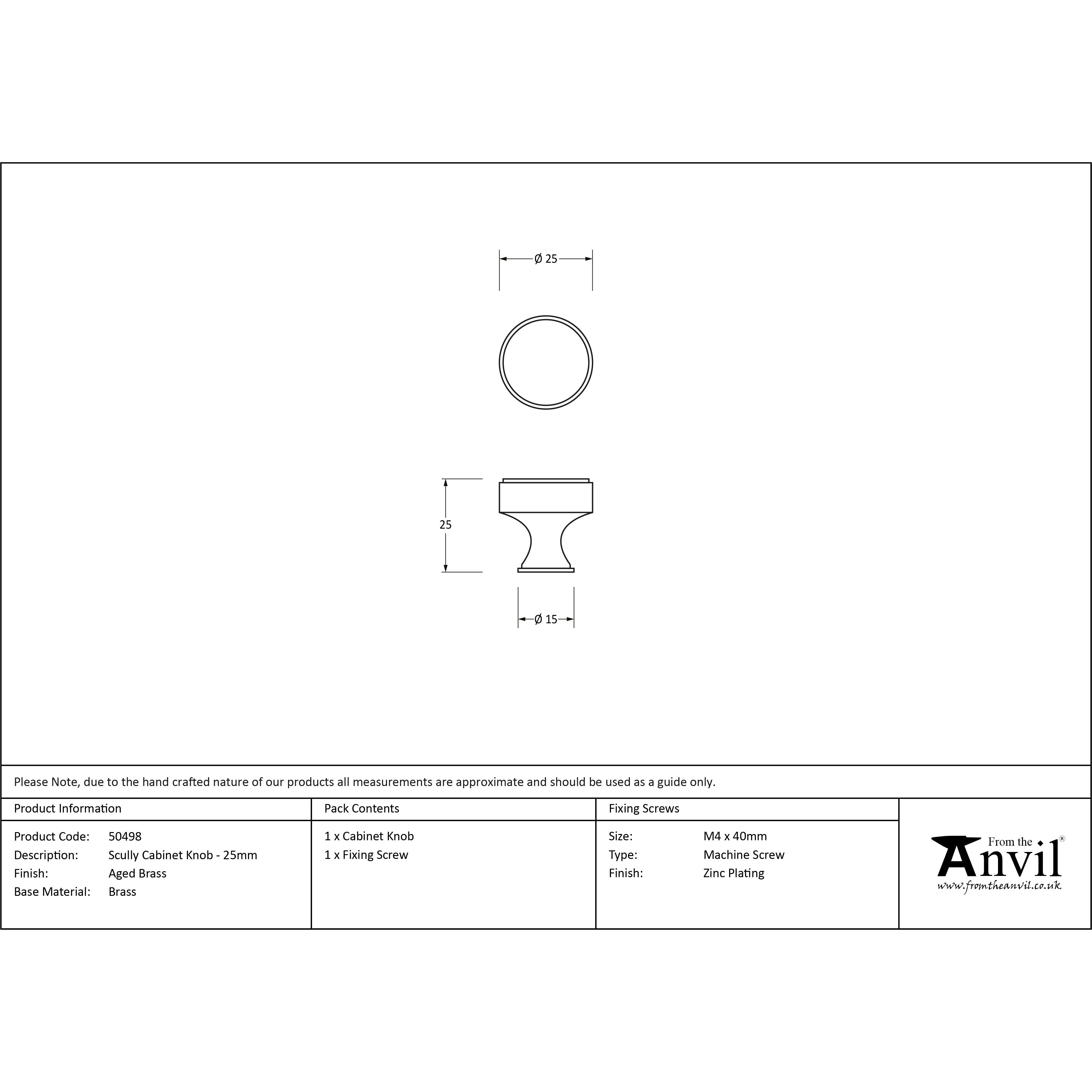 Aged Brass Scully Cabinet Knob - 25mm | From The Anvil-Cabinet Knobs-Yester Home