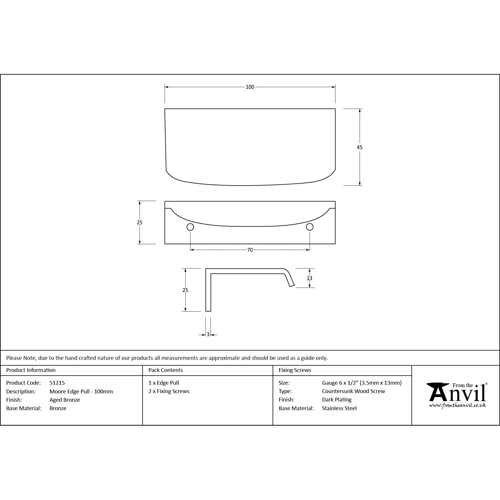 Aged Bronze 100mm Moore Edge Pull | From The Anvil - Edge Pulls - From The Anvil - Yester Home