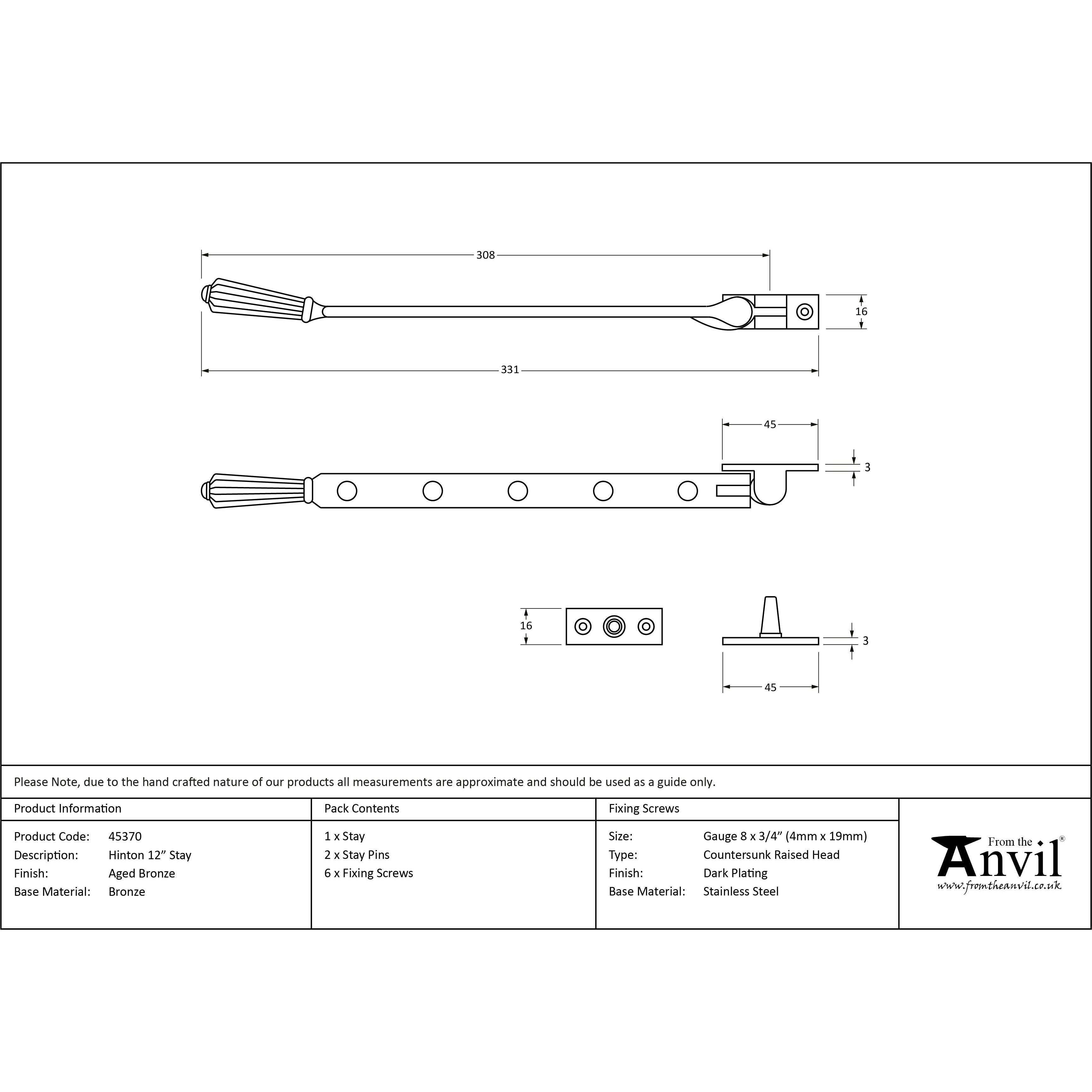 Aged Bronze 12" Hinton Stay | From The Anvil-Stays-Yester Home