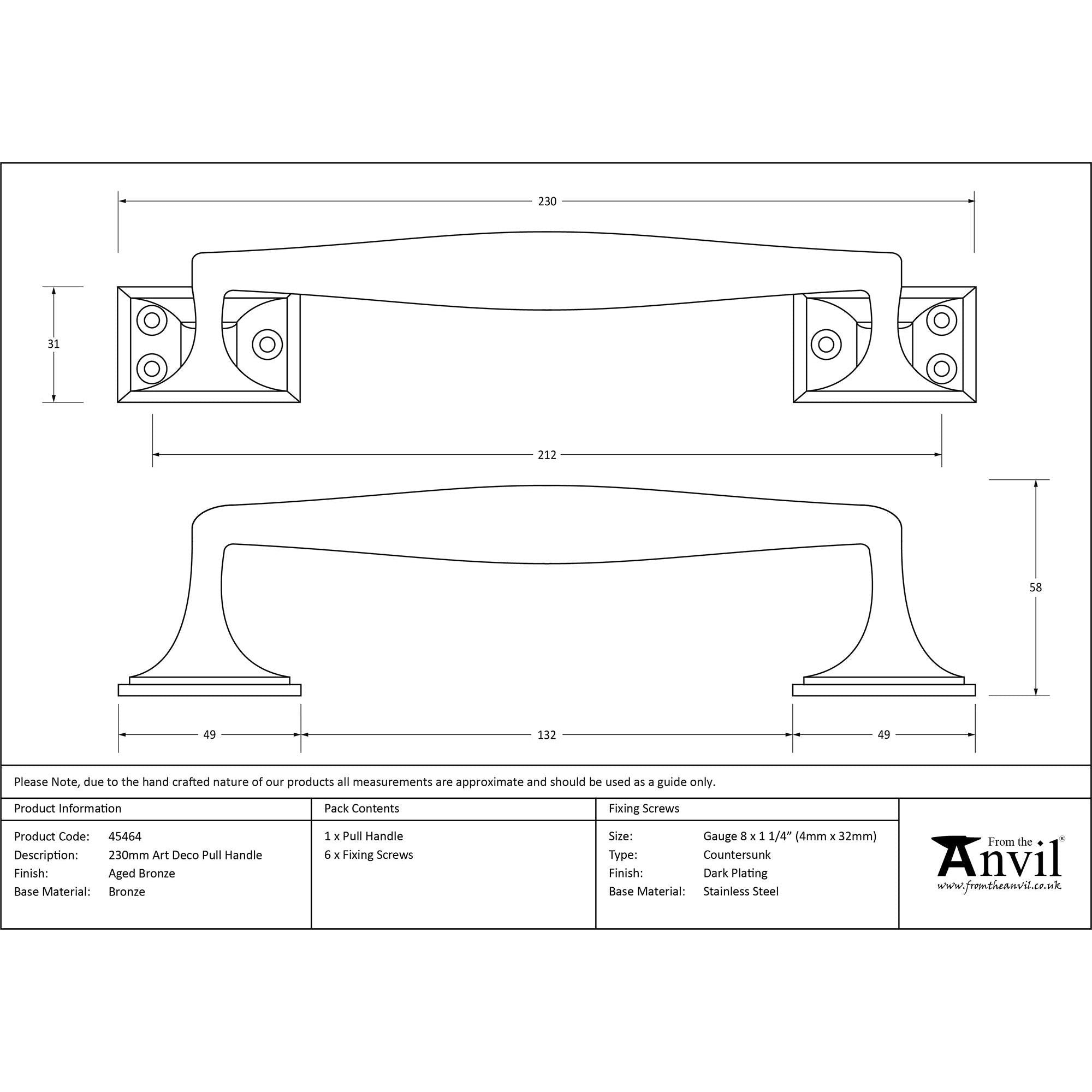 Aged Bronze 230mm Art Deco Pull Handle | From The Anvil - Pull Handles - From The Anvil - Yester Home