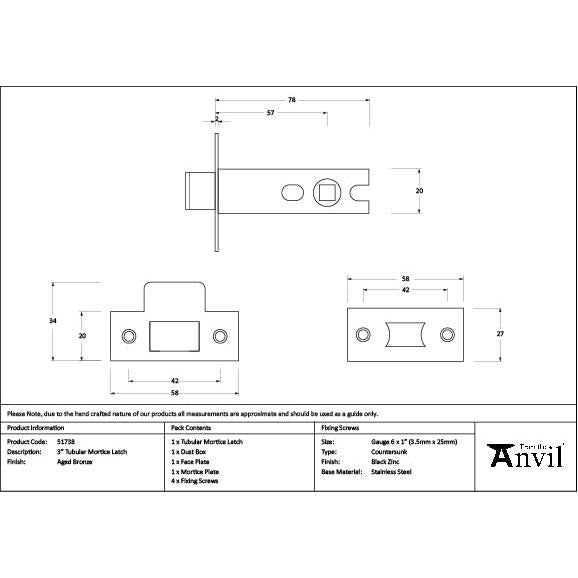 Aged Bronze 3" Tubular Mortice Latch - Latches - From The Anvil - Yester Home