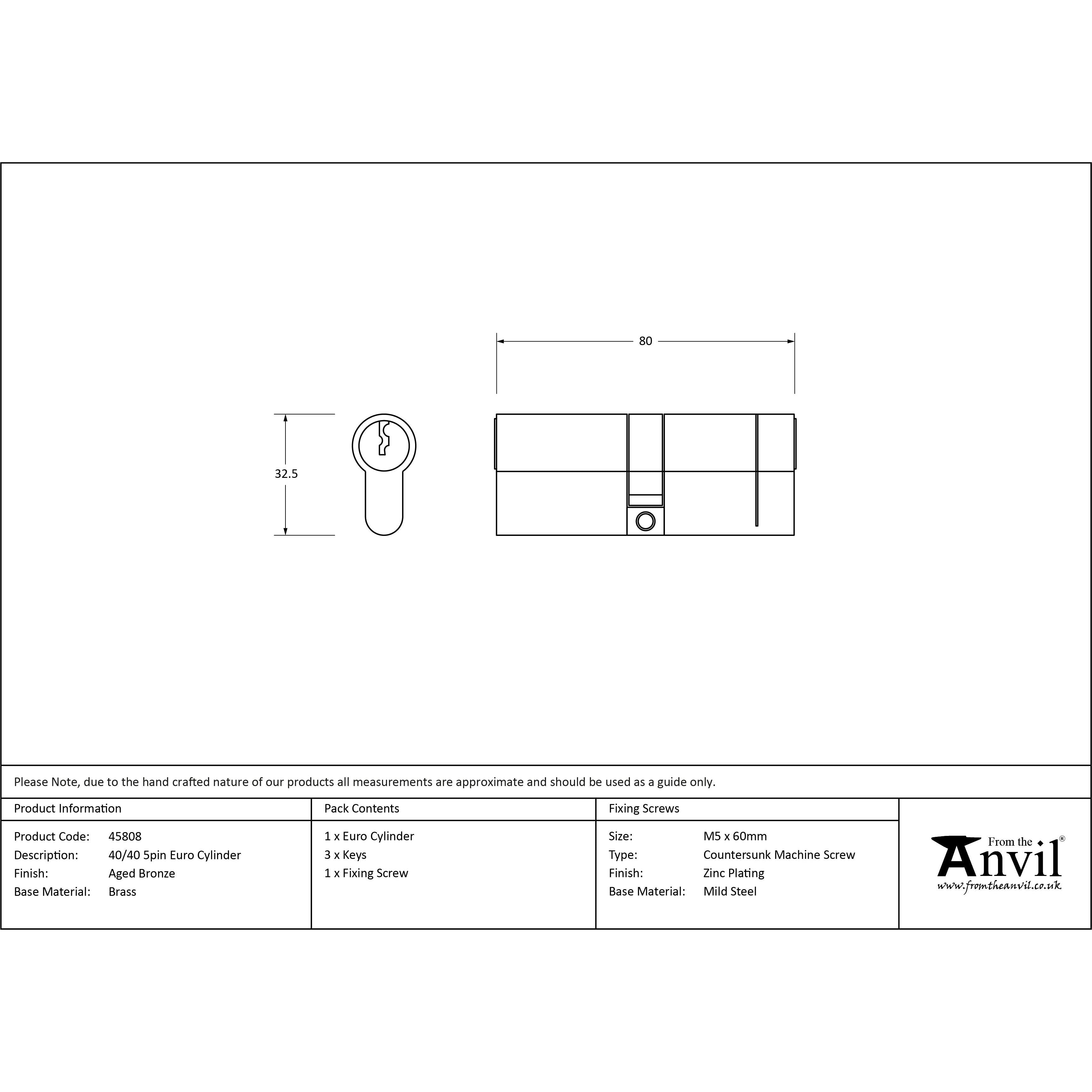 Aged Bronze 40/40 5pin Euro Cylinder | From The Anvil - Euro Cylinders - From The Anvil - Yester Home