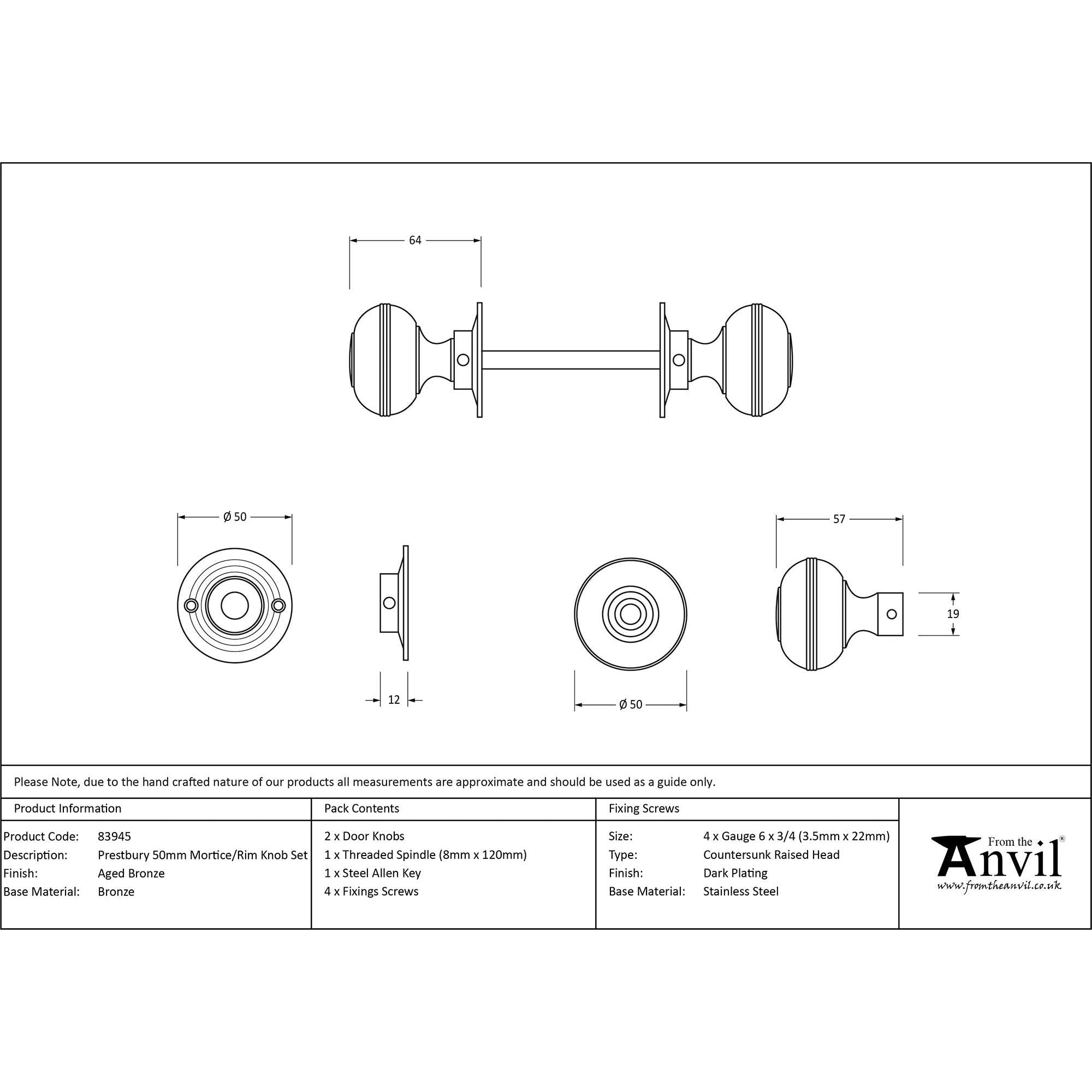 Aged Bronze 50mm Prestbury Mortice/Rim Knob Set | From The Anvil - Mortice Knobs - From The Anvil - Yester Home
