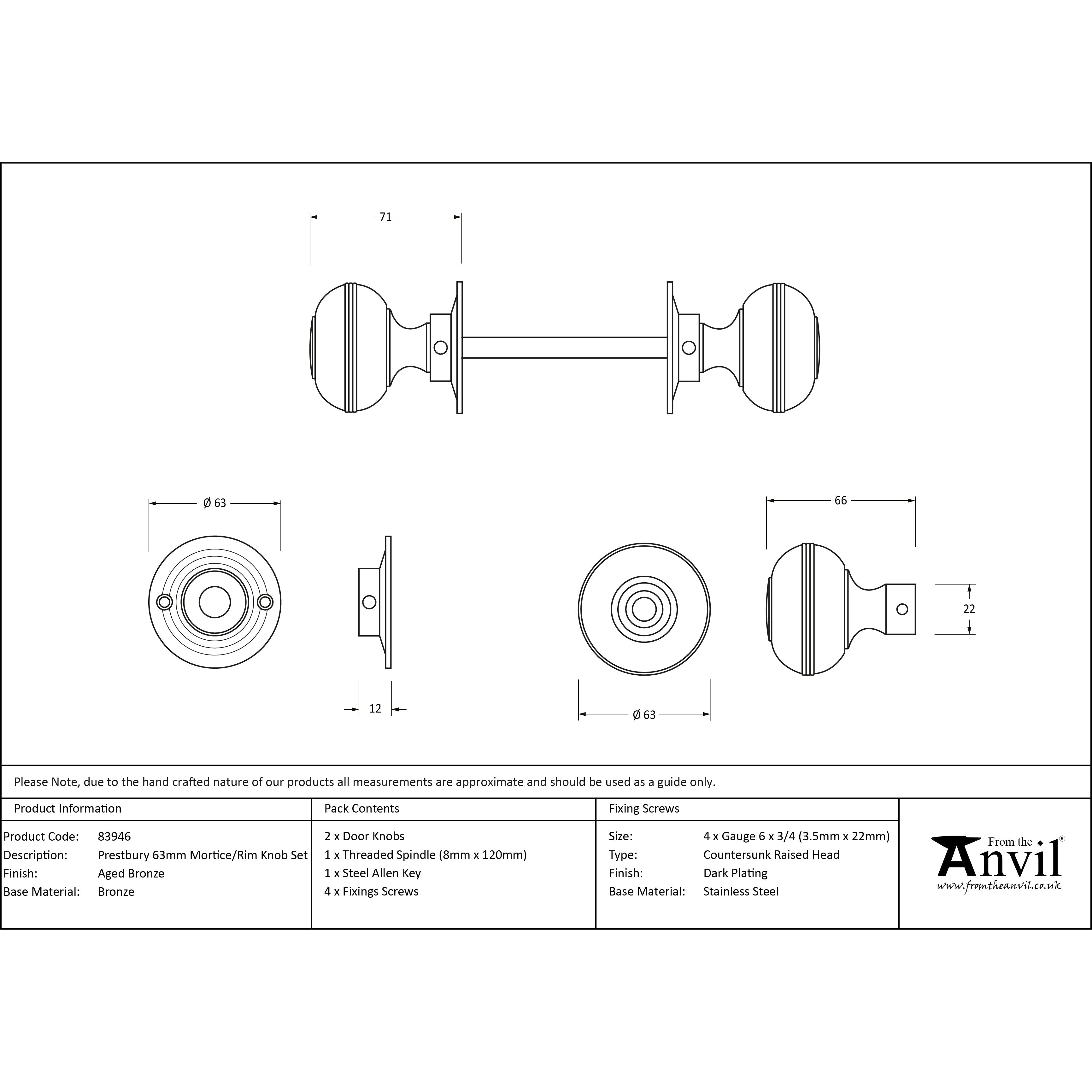 Aged Bronze 63mm Prestbury Mortice/Rim Knob Set | From The Anvil-Mortice Knobs-Yester Home