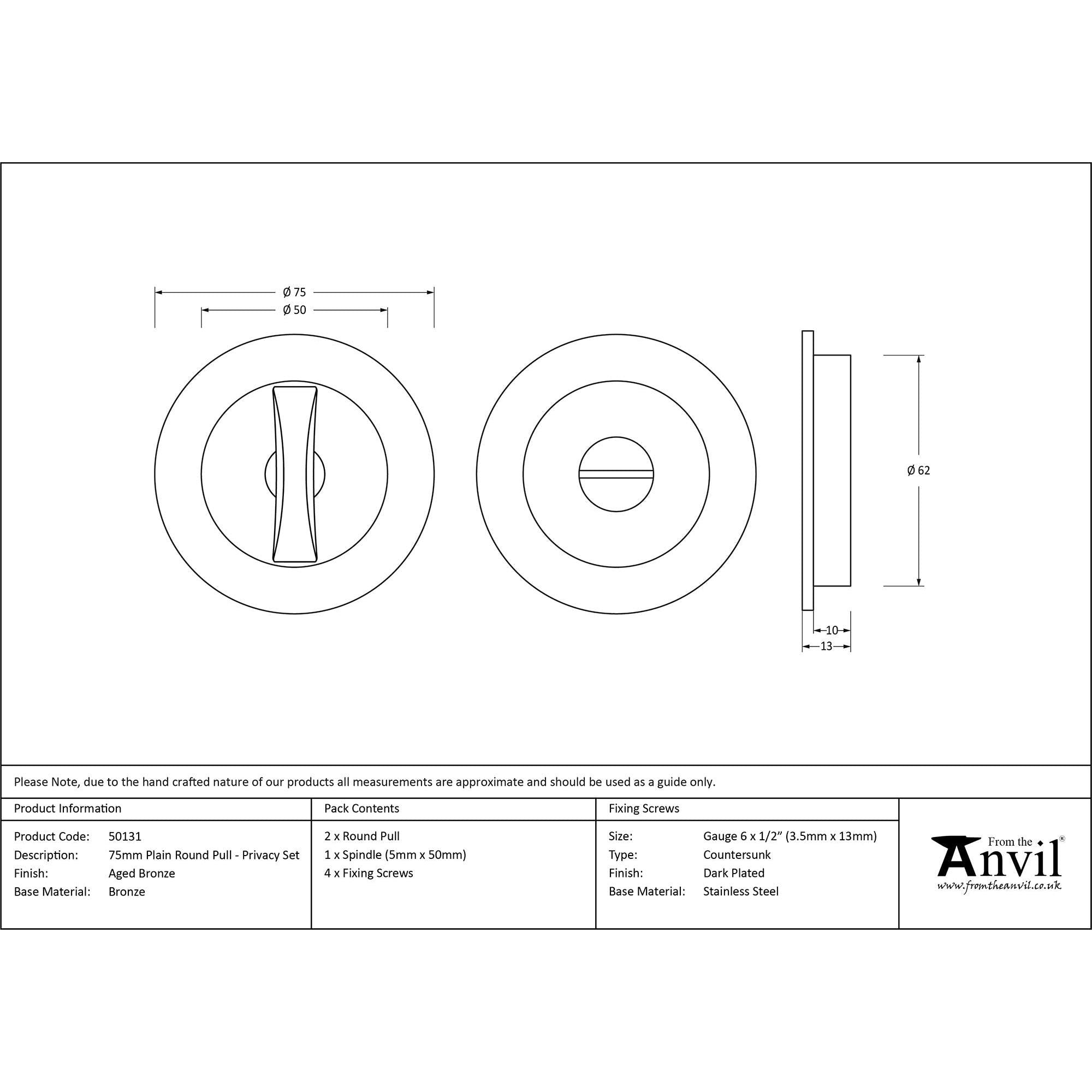 Aged Bronze 75mm Plain Round Pull - Privacy Set | From The Anvil - Cabinet Pulls - From The Anvil - Yester Home