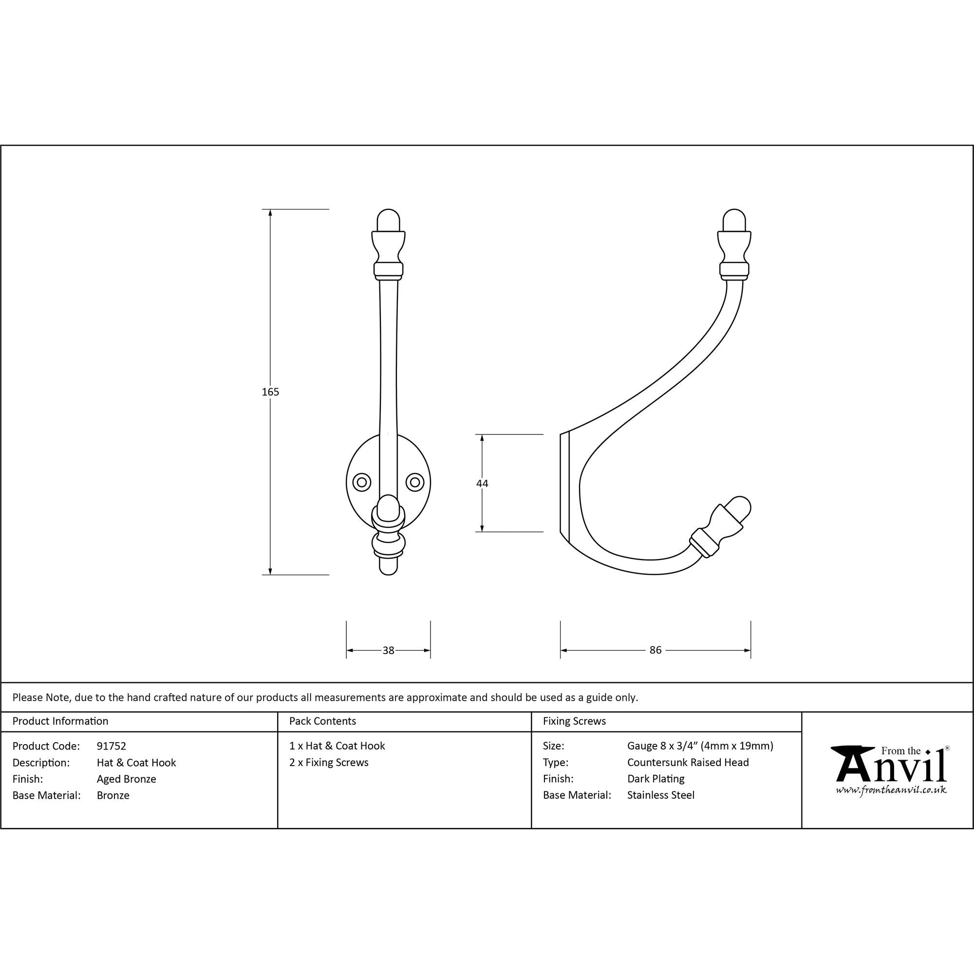 Aged Bronze Hat & Coat Hook | From The Anvil - Coat Hooks - From The Anvil - Yester Home