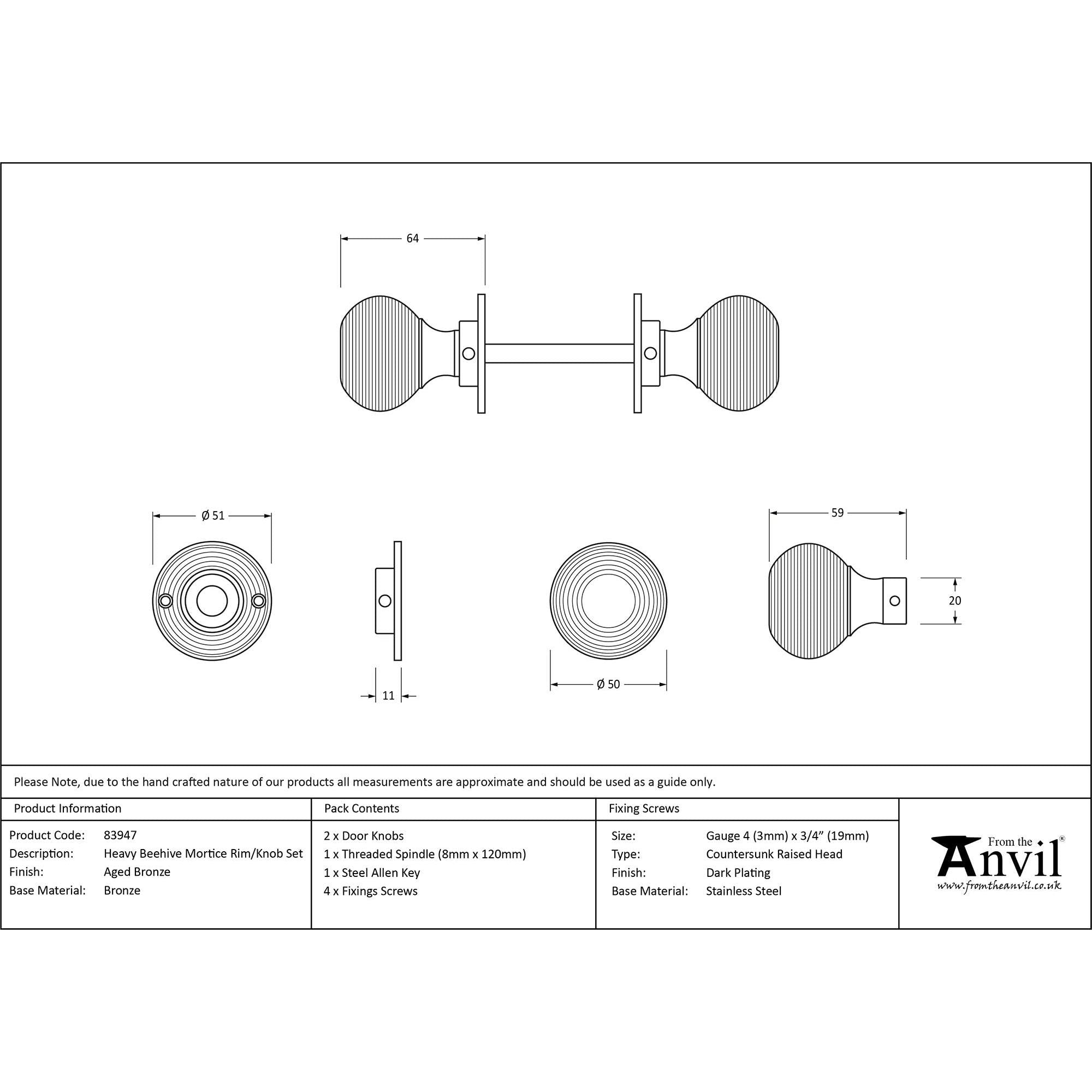 Aged Bronze Heavy Beehive Mortice/Rim Knob Set | From The Anvil - Mortice Knobs - From The Anvil - Yester Home